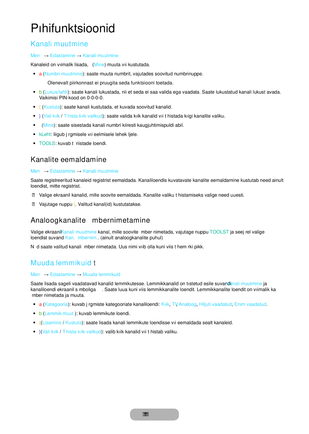 Samsung LT28C570EW/EN manual Kanali muutmine, Kanalite eemaldamine, Analoogkanalite ümbernimetamine, Muuda lemmikuid t 