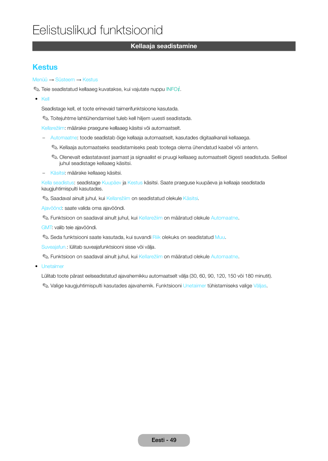 Samsung LT28C570EW/EN manual Kellaaja seadistamine, Menüü → Süsteem → Kestus, Unetaimer 