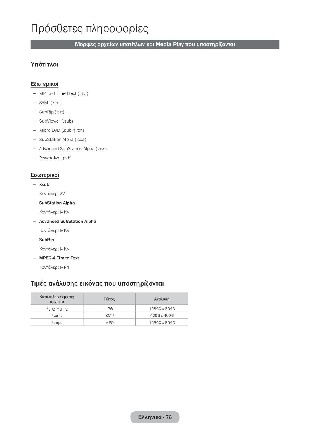 Samsung LT28C570EW/EN manual Υπότιτλοι, Τιμές ανάλυσης εικόνας που υποστηρίζονται, Εξωτερικοί, Εσωτερικοί 