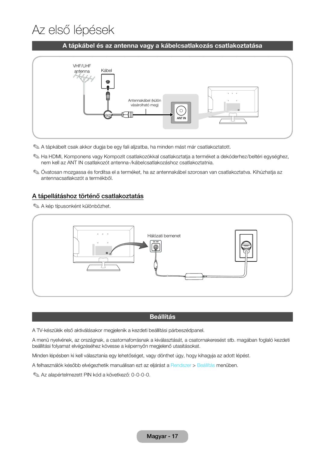 Samsung LT28C570EW/EN manual Tápellátáshoz történő csatlakoztatás, Beállítás, Kép típusonként különbözhet 