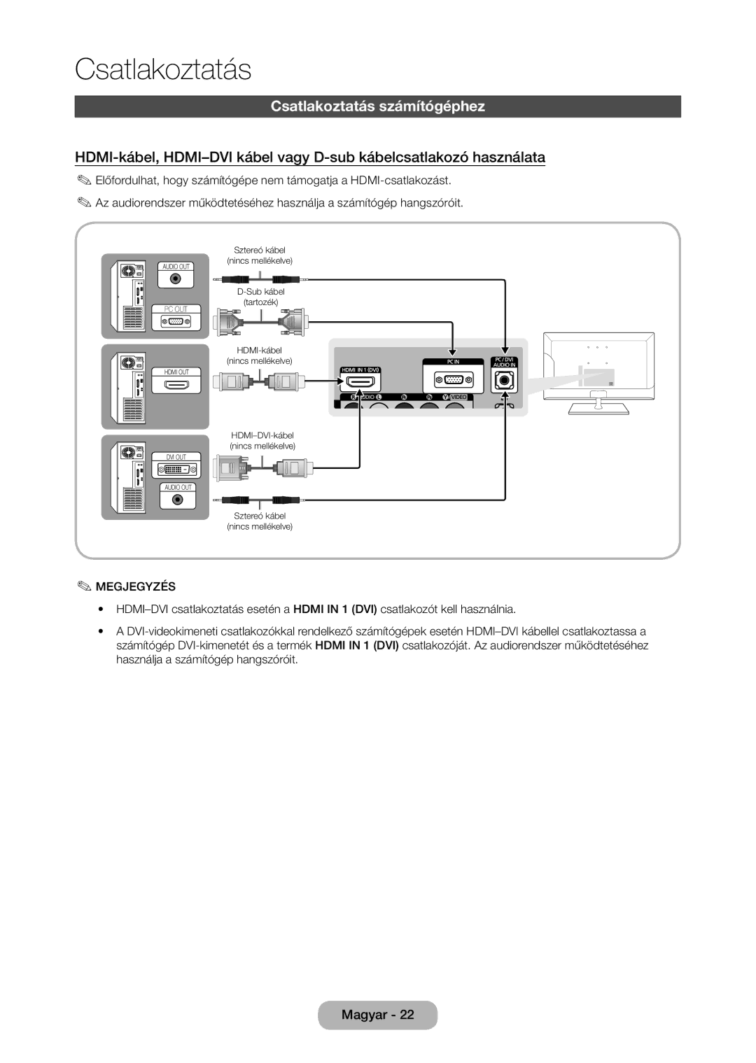 Samsung LT28C570EW/EN manual Csatlakoztatás számítógéphez 