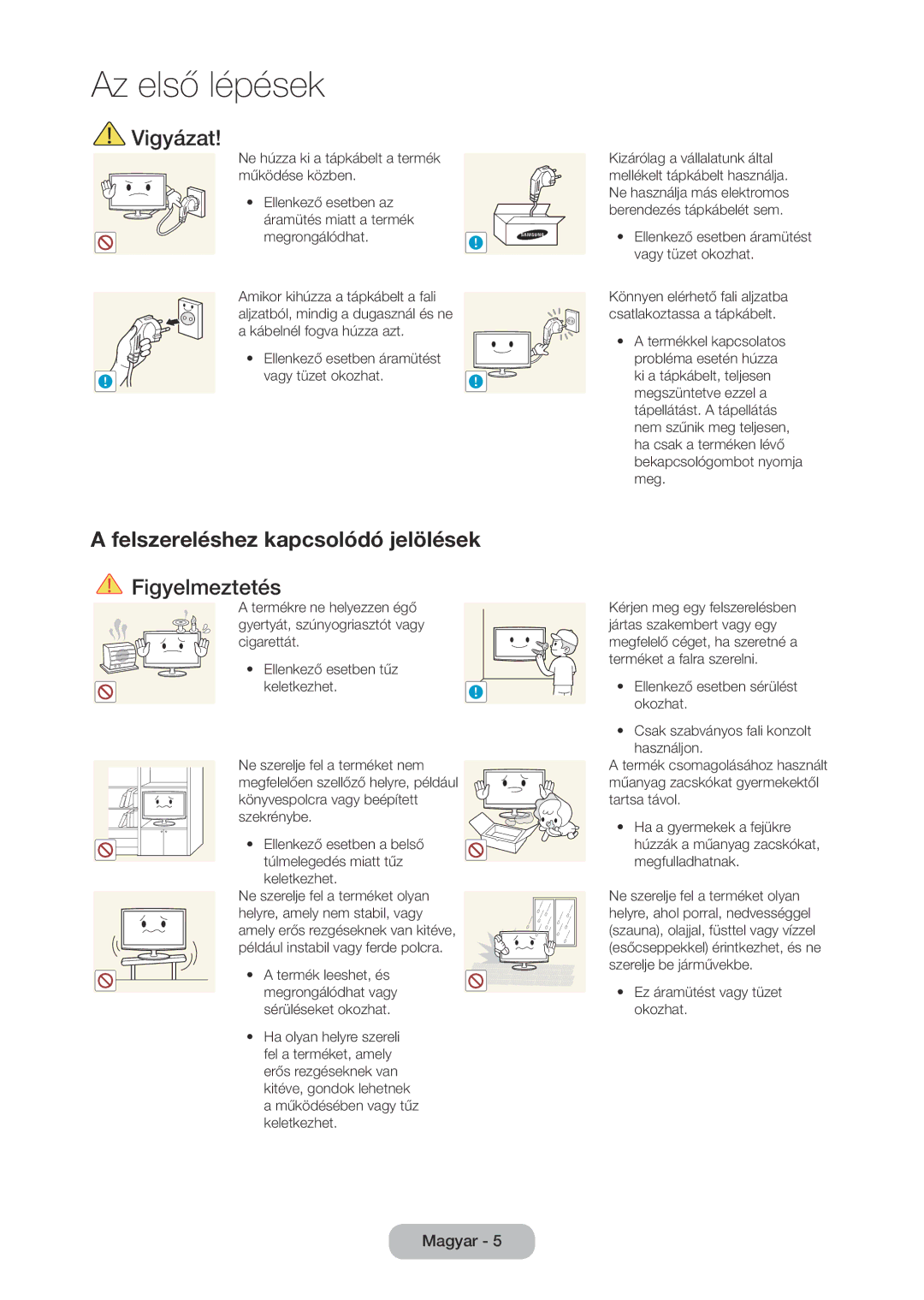 Samsung LT28C570EW/EN manual Felszereléshez kapcsolódó jelölések, Ez áramütést vagy tüzet okozhat 