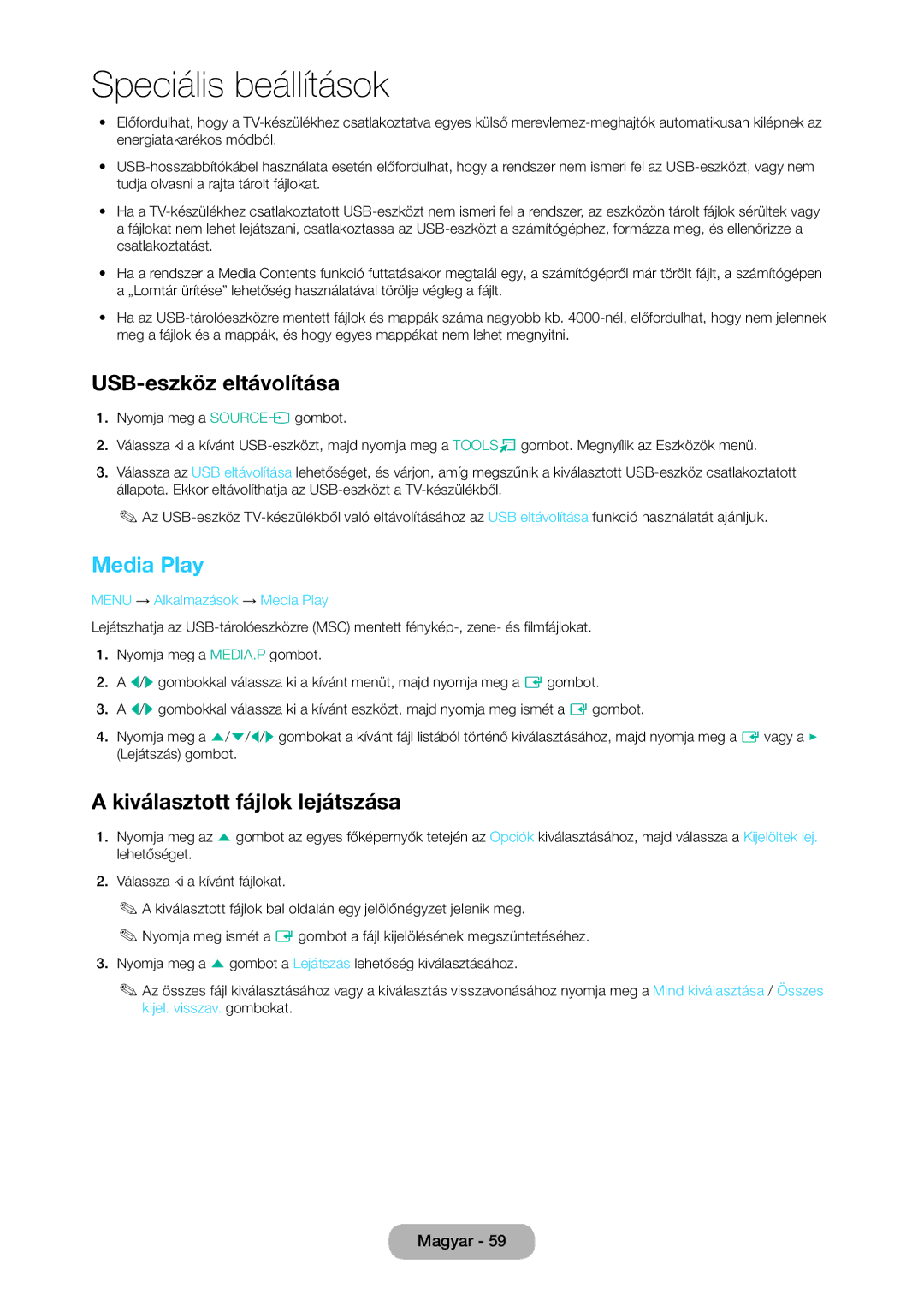 Samsung LT28C570EW/EN manual USB-eszköz eltávolítása, Media Play, Kiválasztott fájlok lejátszása 
