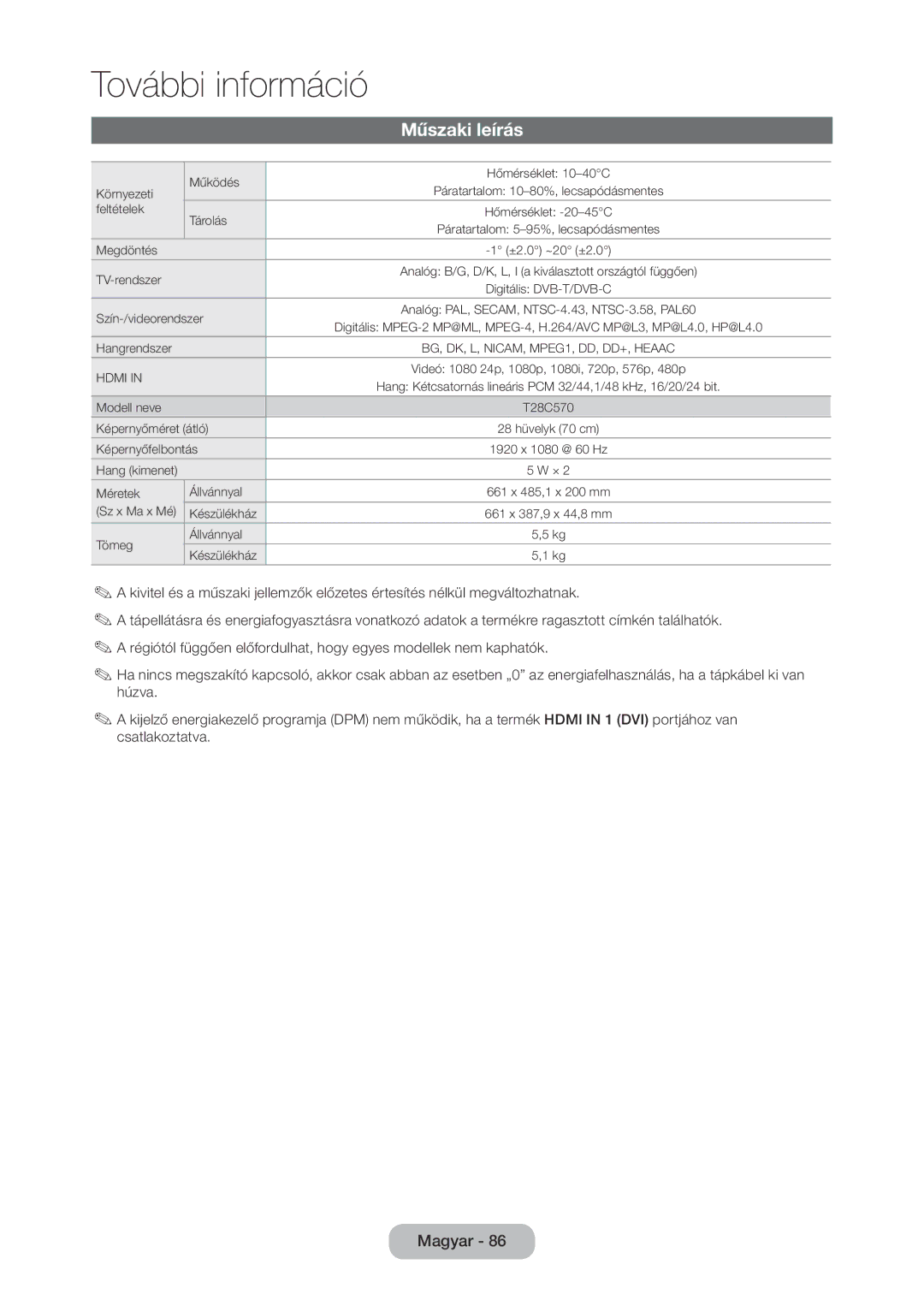 Samsung LT28C570EW/EN manual Műszaki leírás, Szín-/videorendszer 