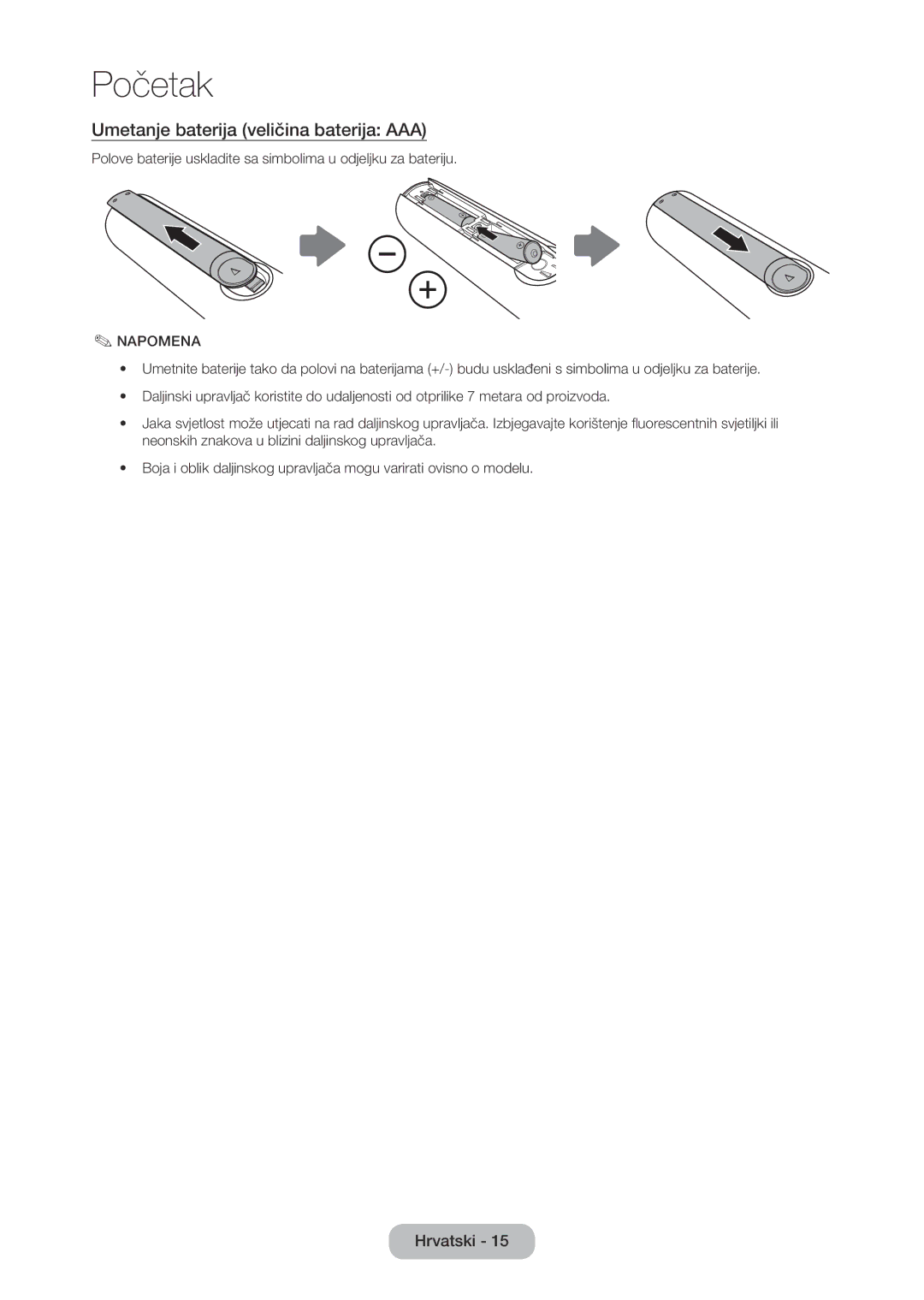 Samsung LT28C570EW/EN manual Umetanje baterija veličina baterija AAA, Napomena 