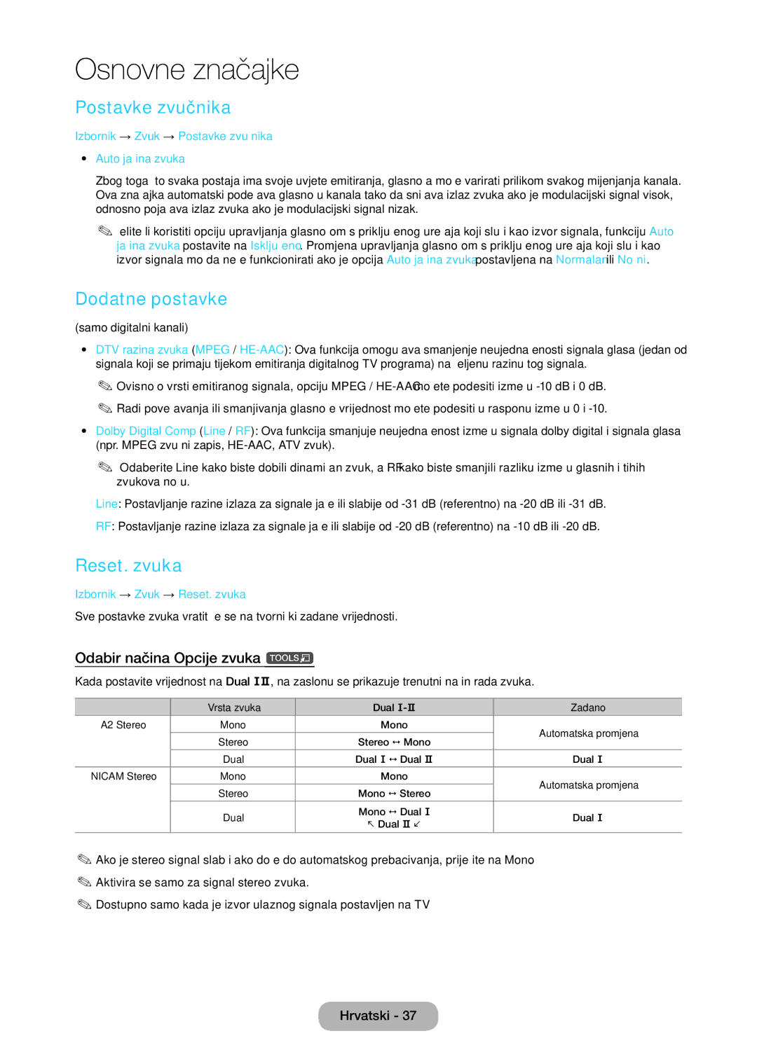 Samsung LT28C570EW/EN manual Postavke zvučnika, Dodatne postavke, Reset. zvuka, Odabir načina Opcije zvuka t 