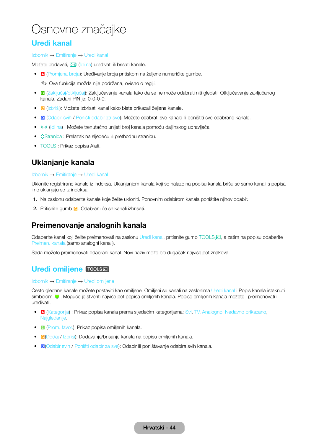 Samsung LT28C570EW/EN manual Uredi kanal, Uklanjanje kanala, Preimenovanje analognih kanala, Uredi omiljene t 