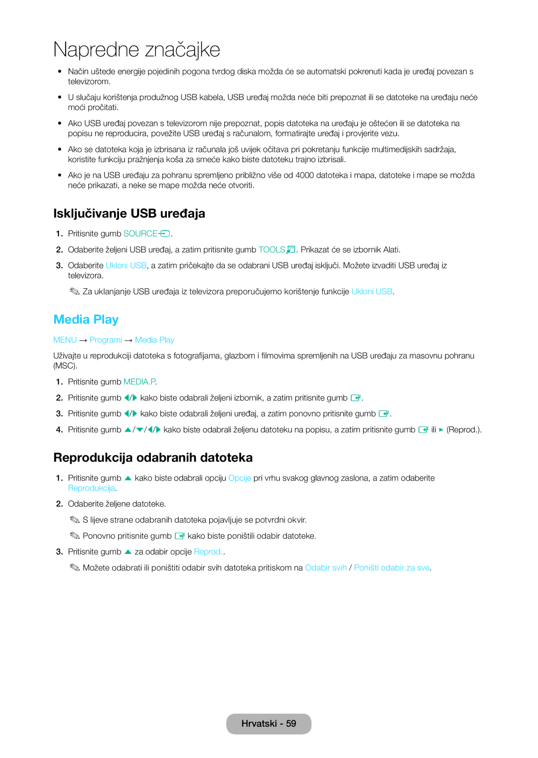 Samsung LT28C570EW/EN manual Isključivanje USB uređaja, Reprodukcija odabranih datoteka, Menu → Programi → Media Play 