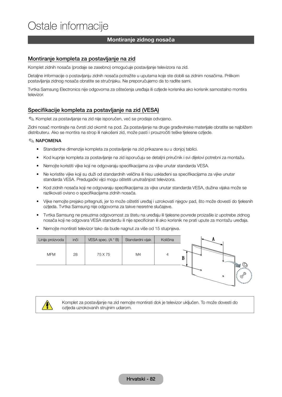 Samsung LT28C570EW/EN manual Montiranje zidnog nosača, Montiranje kompleta za postavljanje na zid 