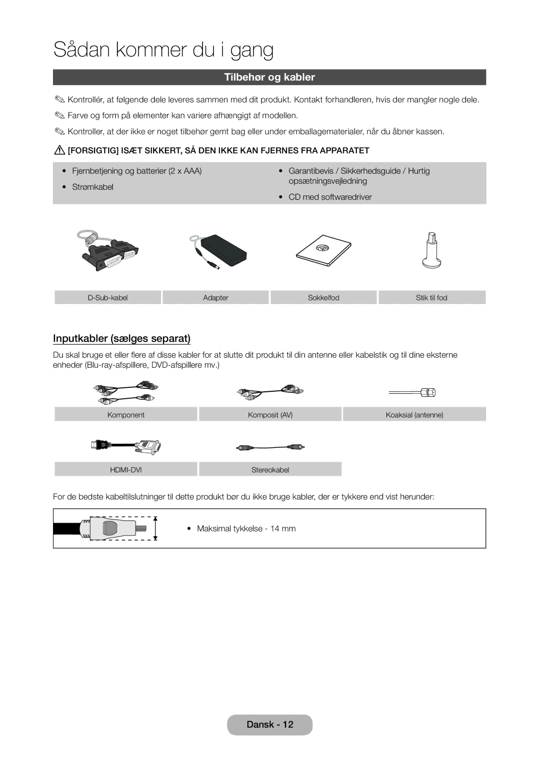 Samsung LT28C570EW/XE manual Tilbehør og kabler, Inputkabler sælges separat 