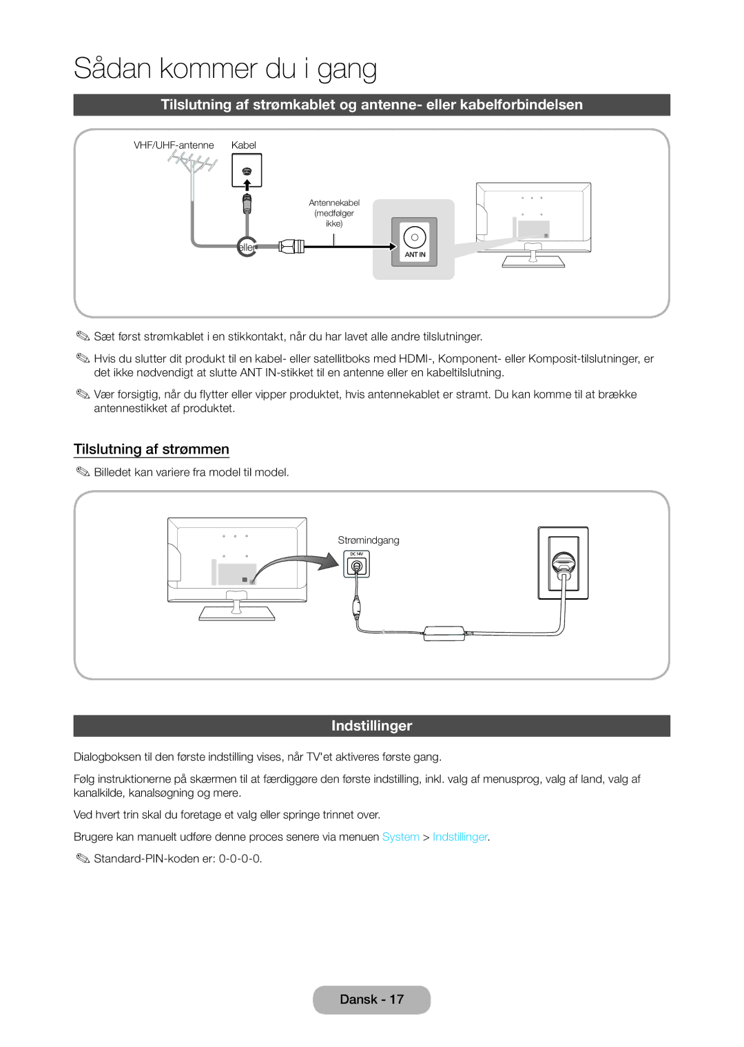 Samsung LT28C570EW/XE manual Tilslutning af strømmen, Indstillinger, Billedet kan variere fra model til model 