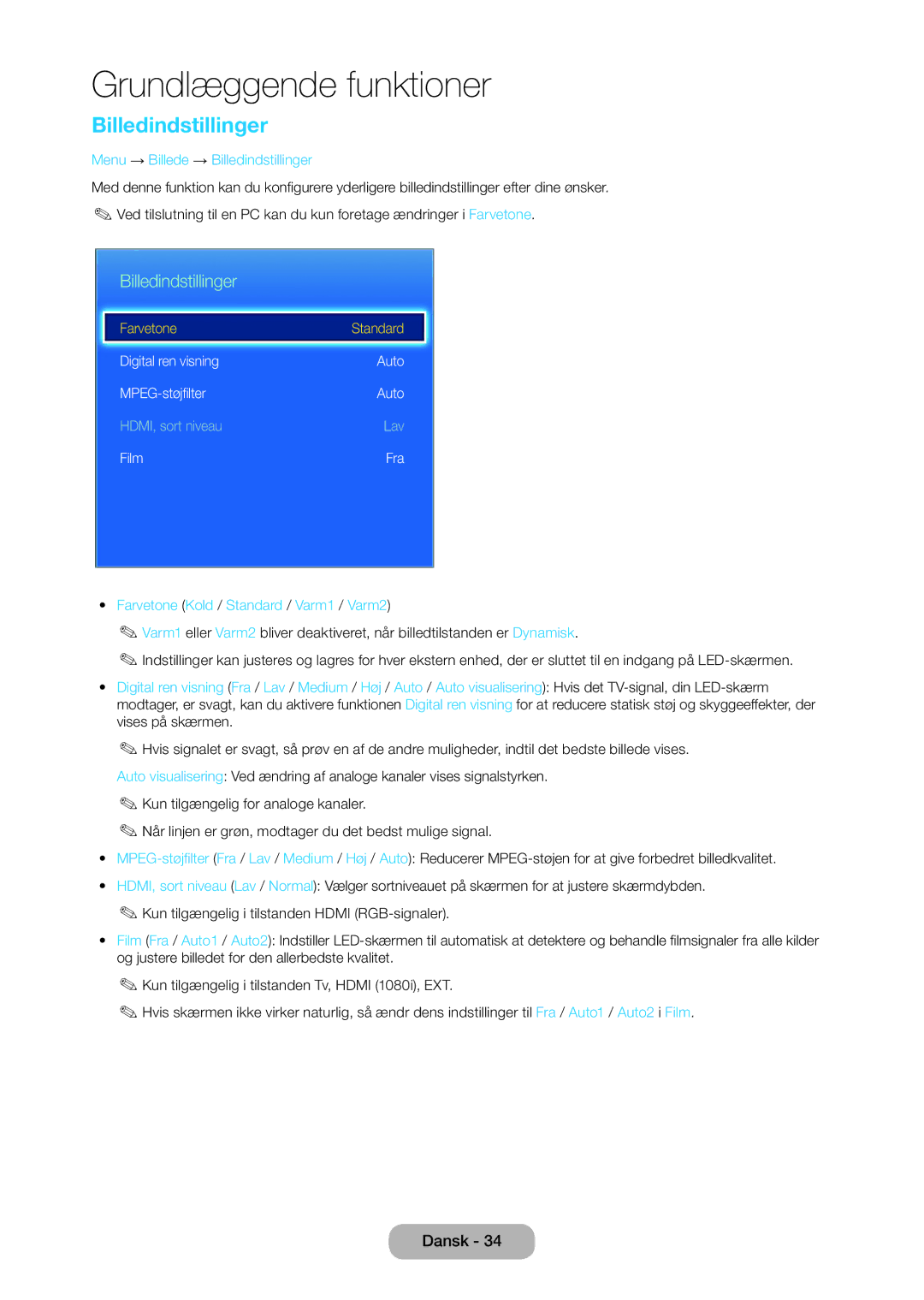 Samsung LT28C570EW/XE manual Menu → Billede → Billedindstillinger, Farvetone Kold / Standard / Varm1 / Varm2 