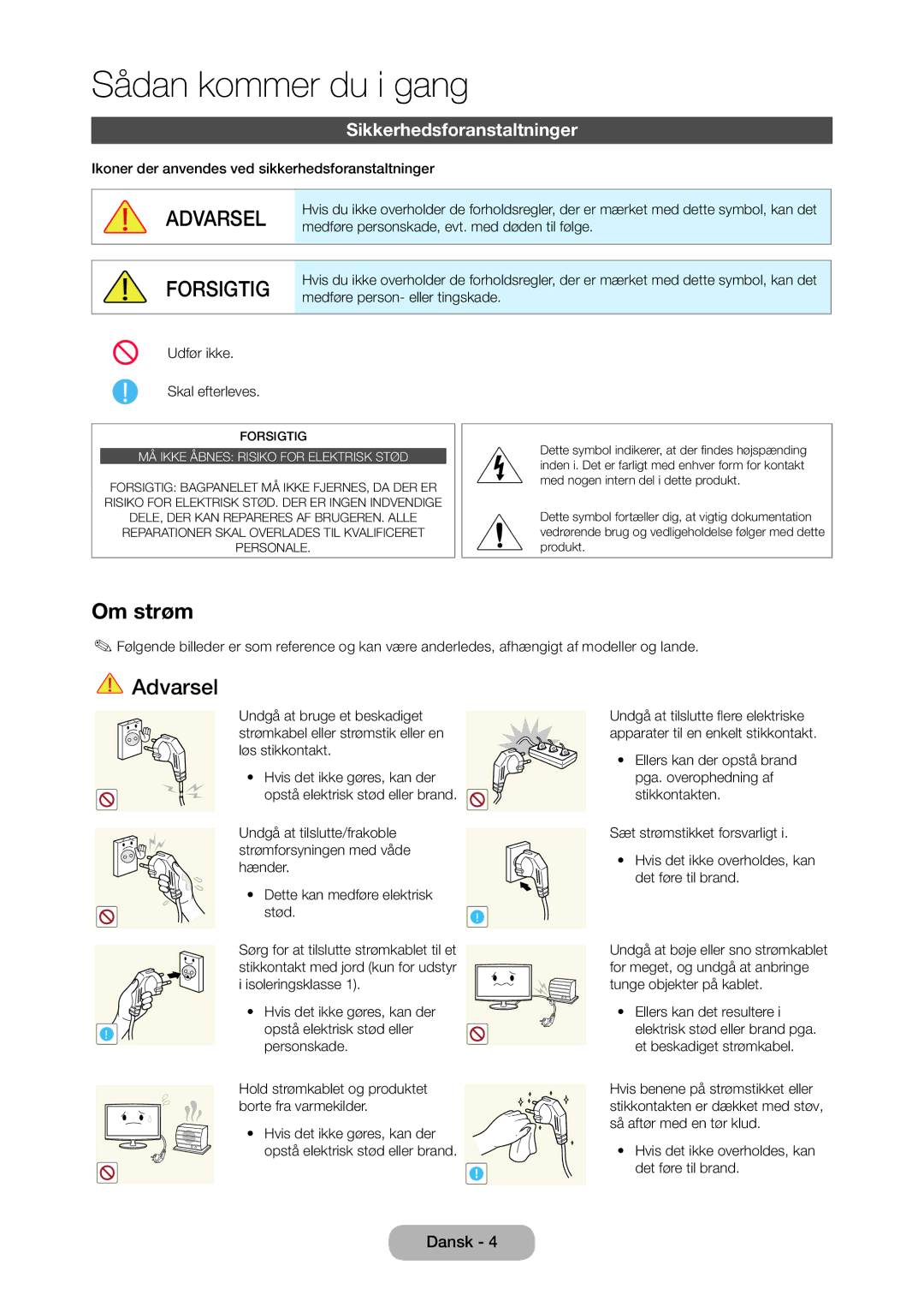 Samsung LT28C570EW/XE manual Om strøm, Sikkerhedsforanstaltninger 