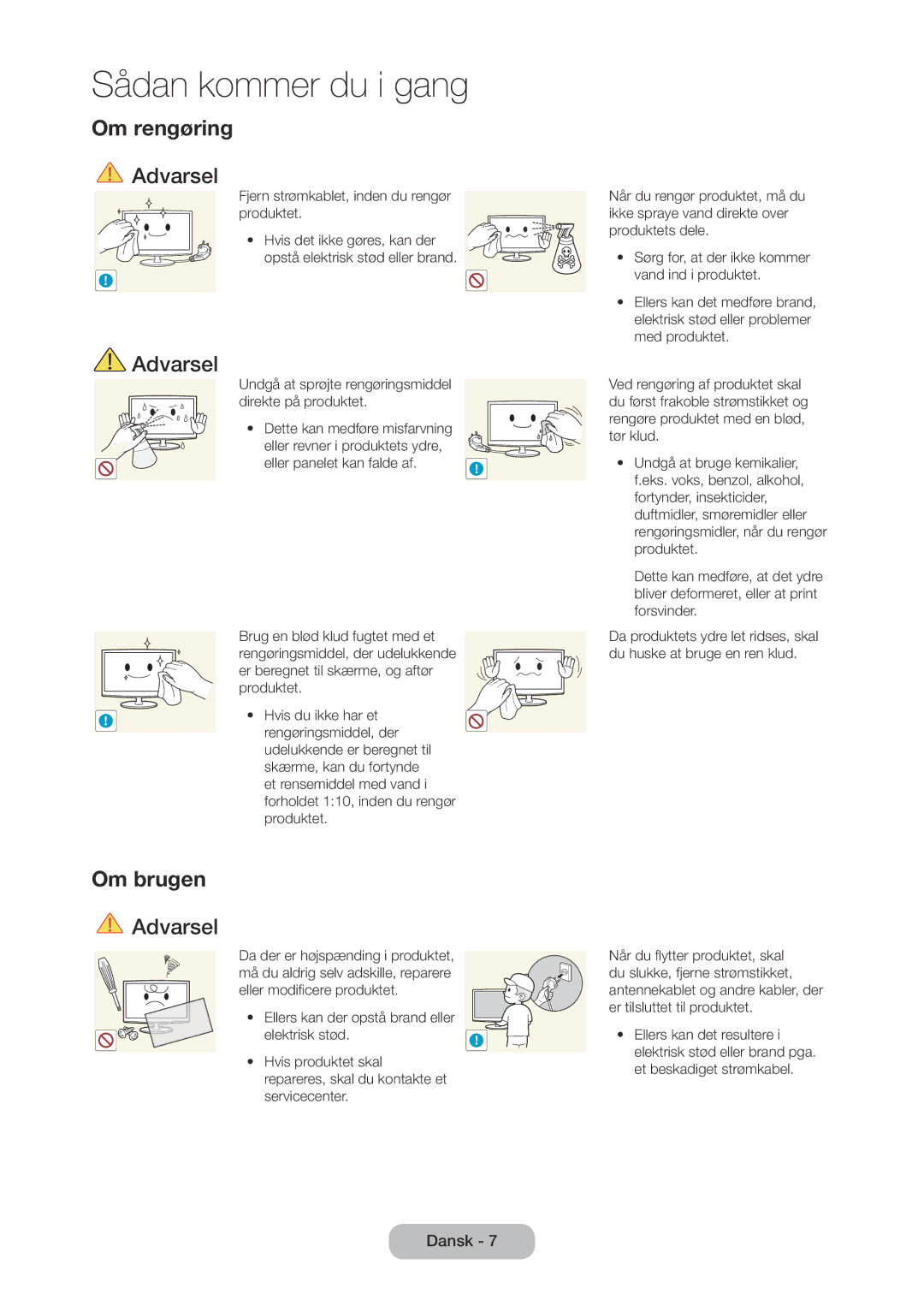 Samsung LT28C570EW/XE manual Om rengøring, Om brugen, Fjern strømkablet, inden du rengør produktet 