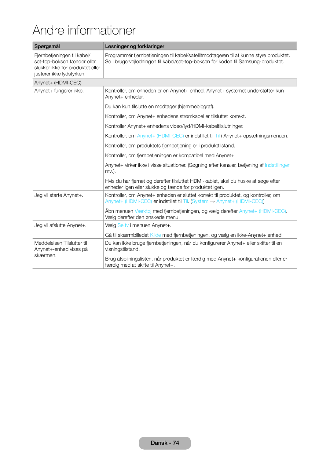 Samsung LT28C570EW/XE manual Enheder igen eller slukke og tænde for produktet igen, Vælg derefter den ønskede menu 