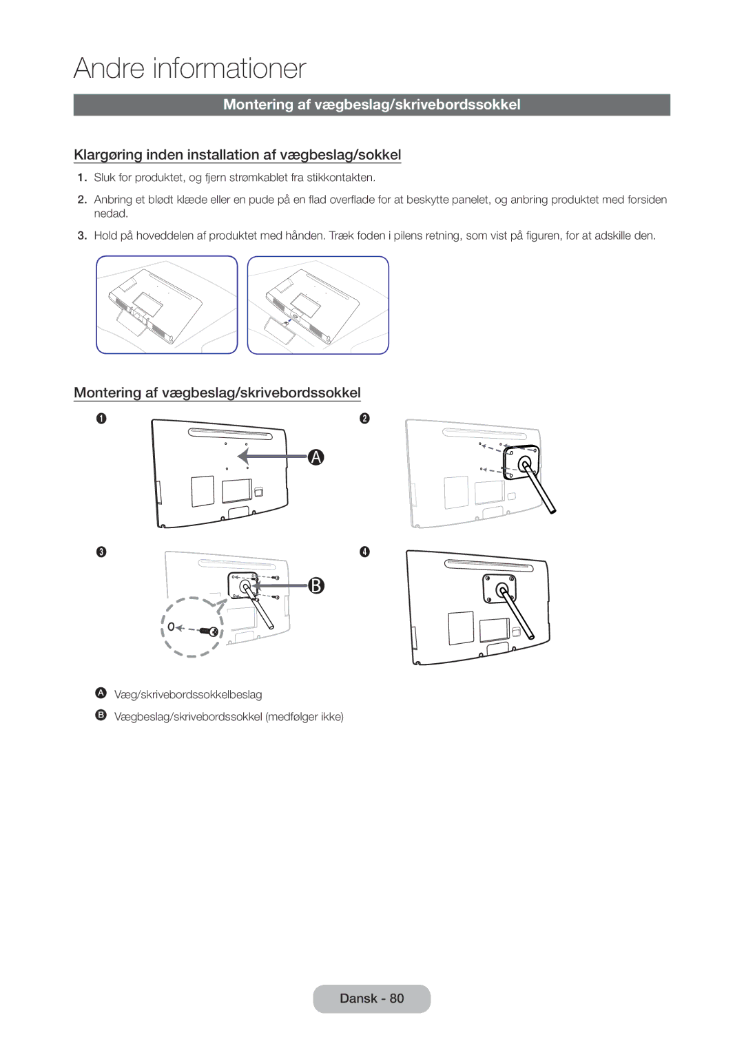 Samsung LT28C570EW/XE manual Montering af vægbeslag/skrivebordssokkel, Klargøring inden installation af vægbeslag/sokkel 