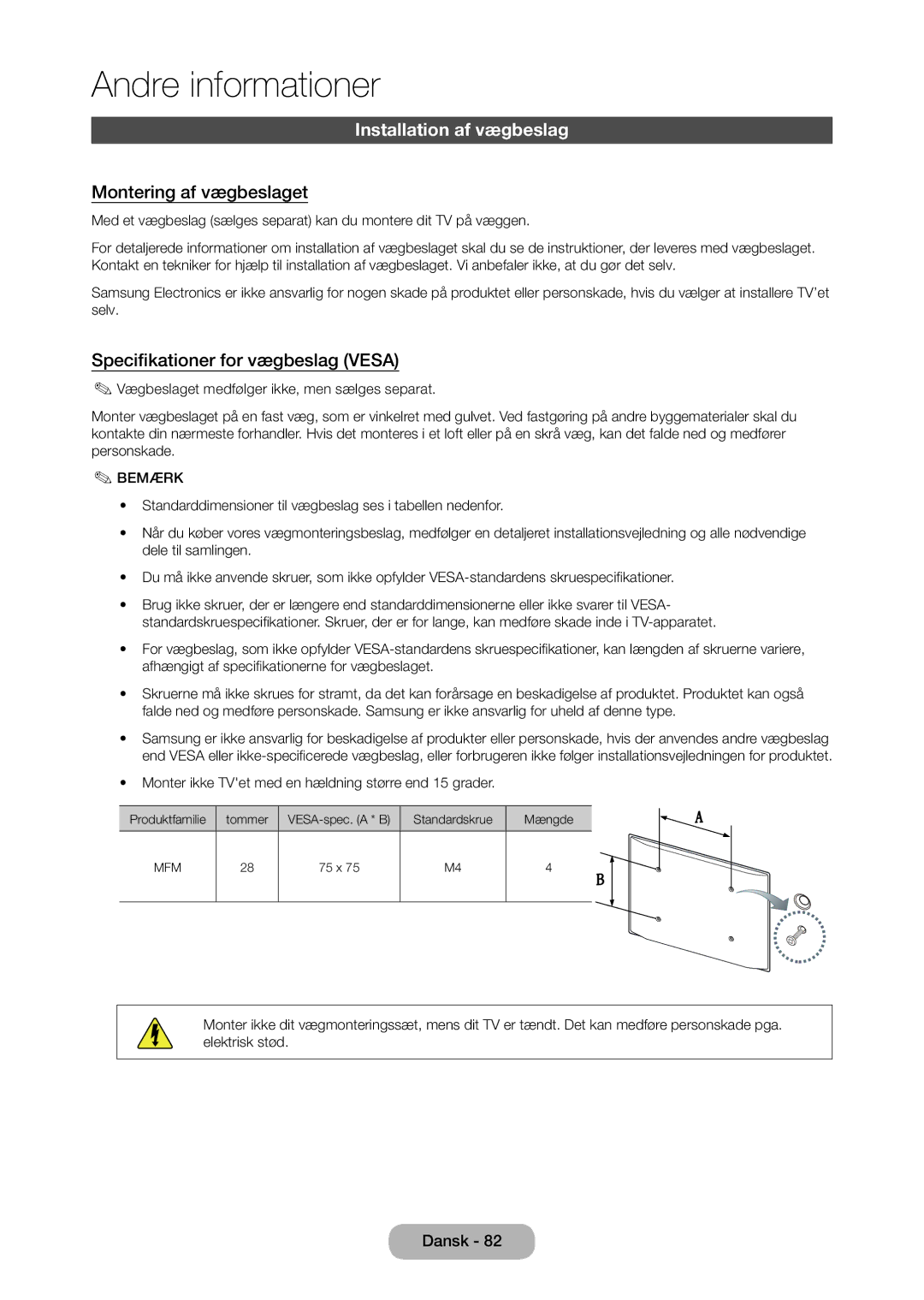 Samsung LT28C570EW/XE manual Installation af vægbeslag, Montering af vægbeslaget, Specifikationer for vægbeslag Vesa 