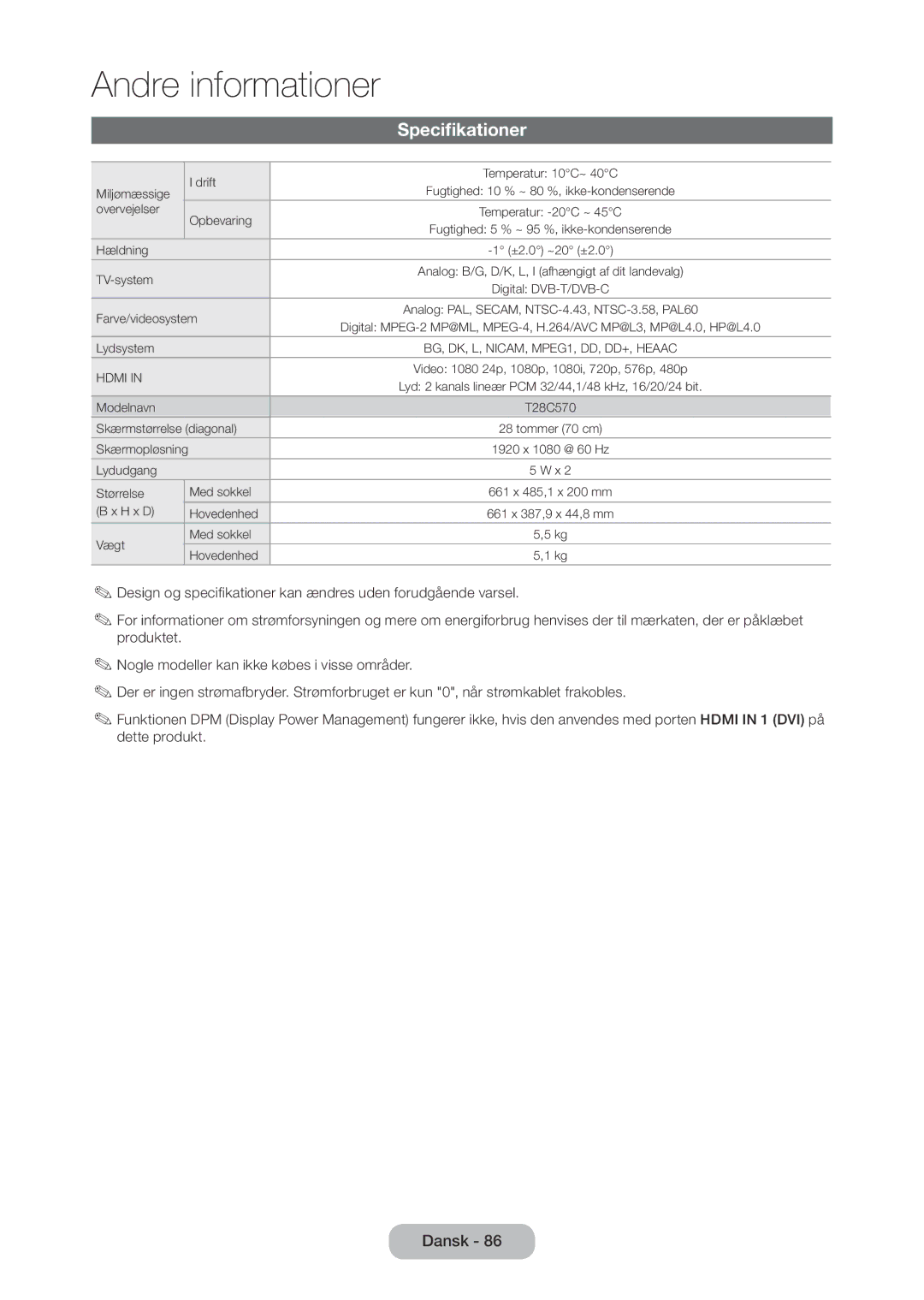 Samsung LT28C570EW/XE manual Specifikationer, Farve/videosystem 