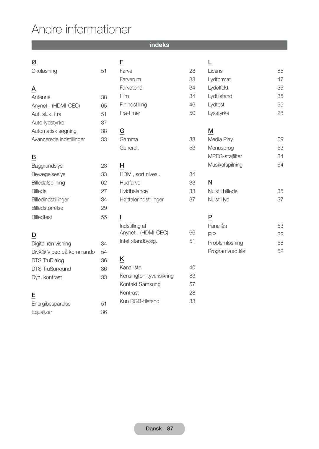 Samsung LT28C570EW/XE manual Indeks, DivX Video på kommando 