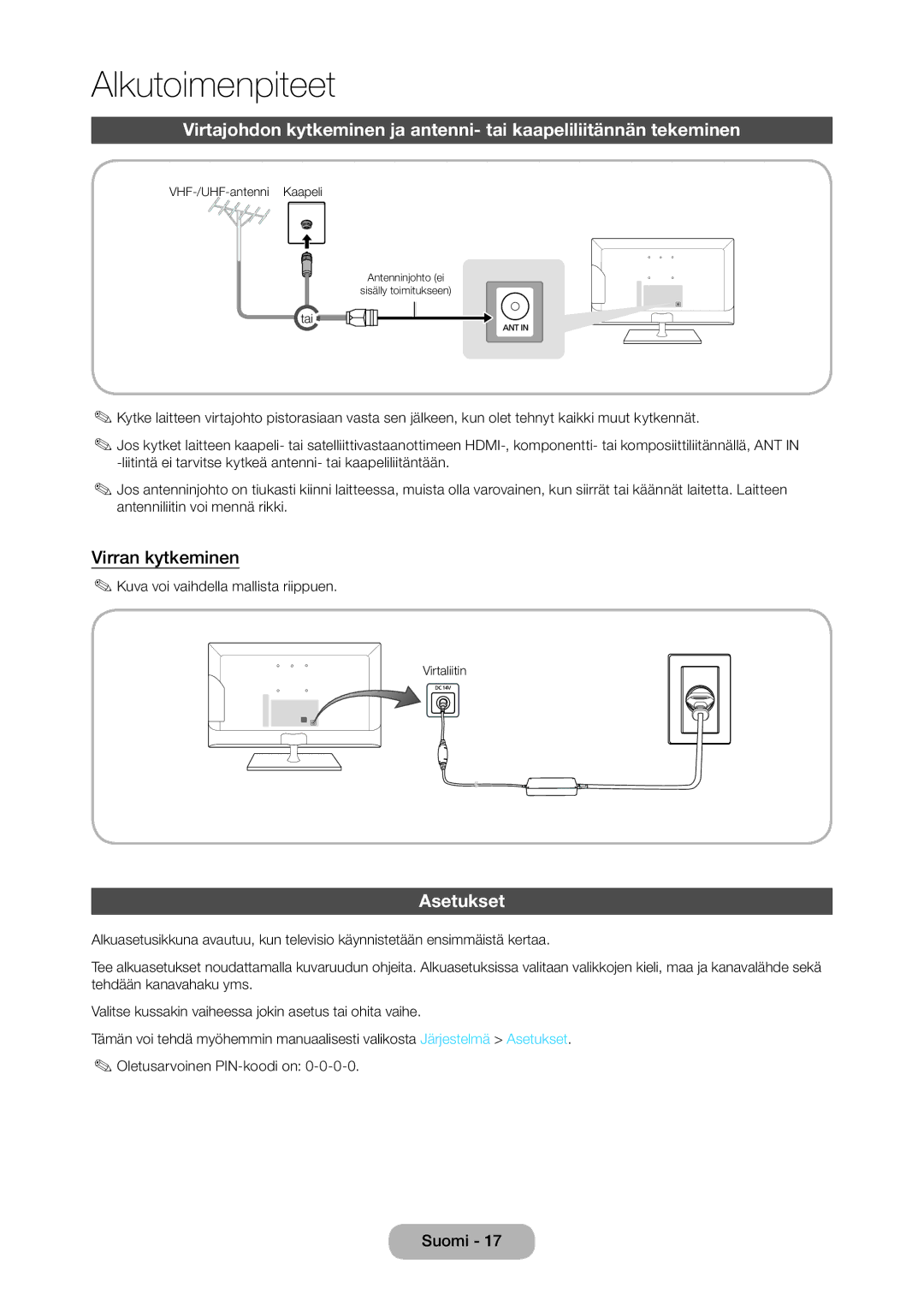 Samsung LT28C570EW/XE manual Virran kytkeminen, Asetukset, Kuva voi vaihdella mallista riippuen 