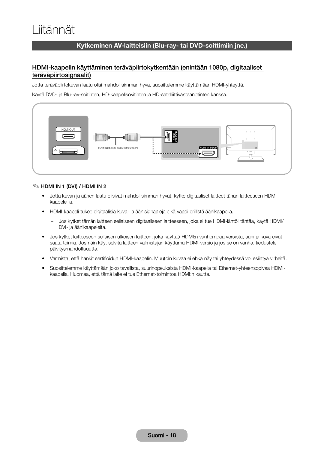 Samsung LT28C570EW/XE manual Liitännät, Kytkeminen AV-laitteisiin Blu-ray- tai DVD-soittimiin jne 