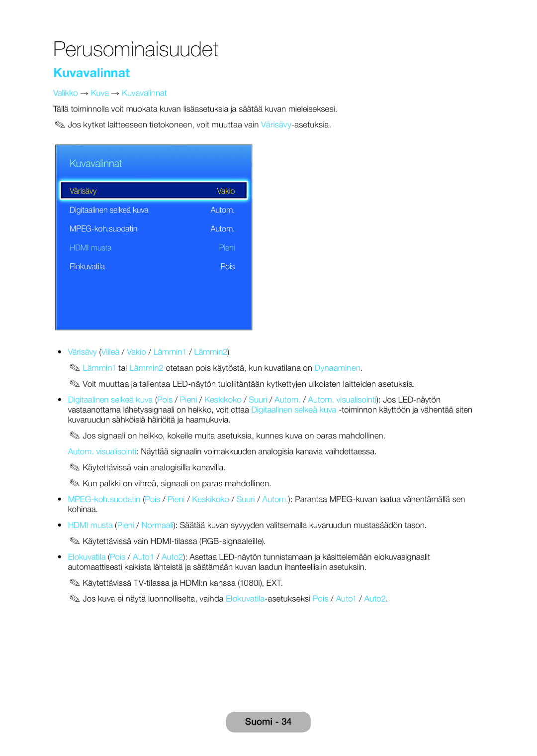 Samsung LT28C570EW/XE manual Valikko → Kuva → Kuvavalinnat, Värisävy Viileä / Vakio / Lämmin1 / Lämmin2 