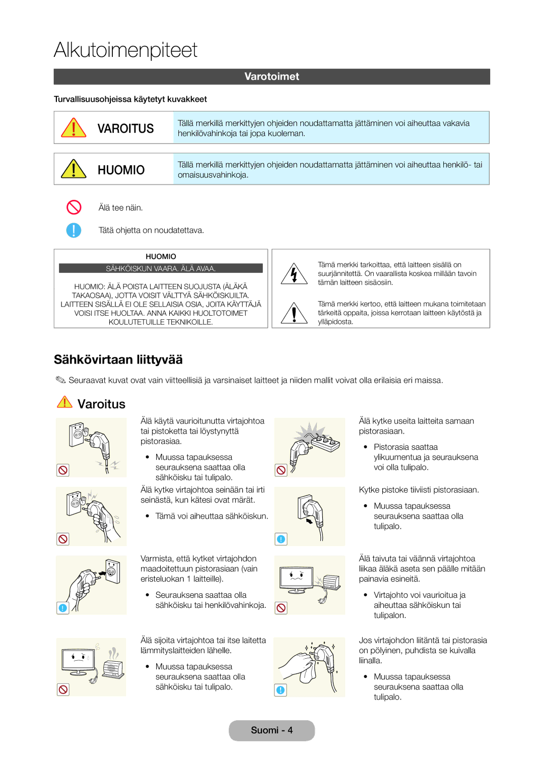 Samsung LT28C570EW/XE manual Sähkövirtaan liittyvää, Varotoimet, Turvallisuusohjeissa käytetyt kuvakkeet 