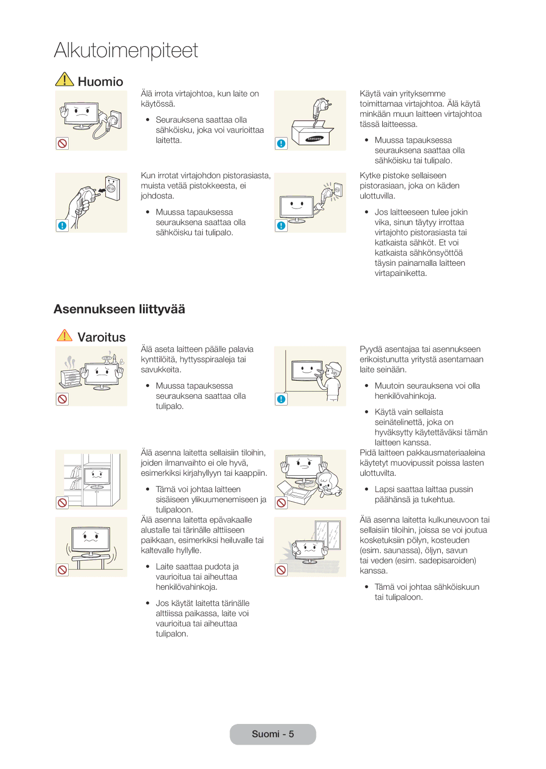 Samsung LT28C570EW/XE manual Huomio, Asennukseen liittyvää 