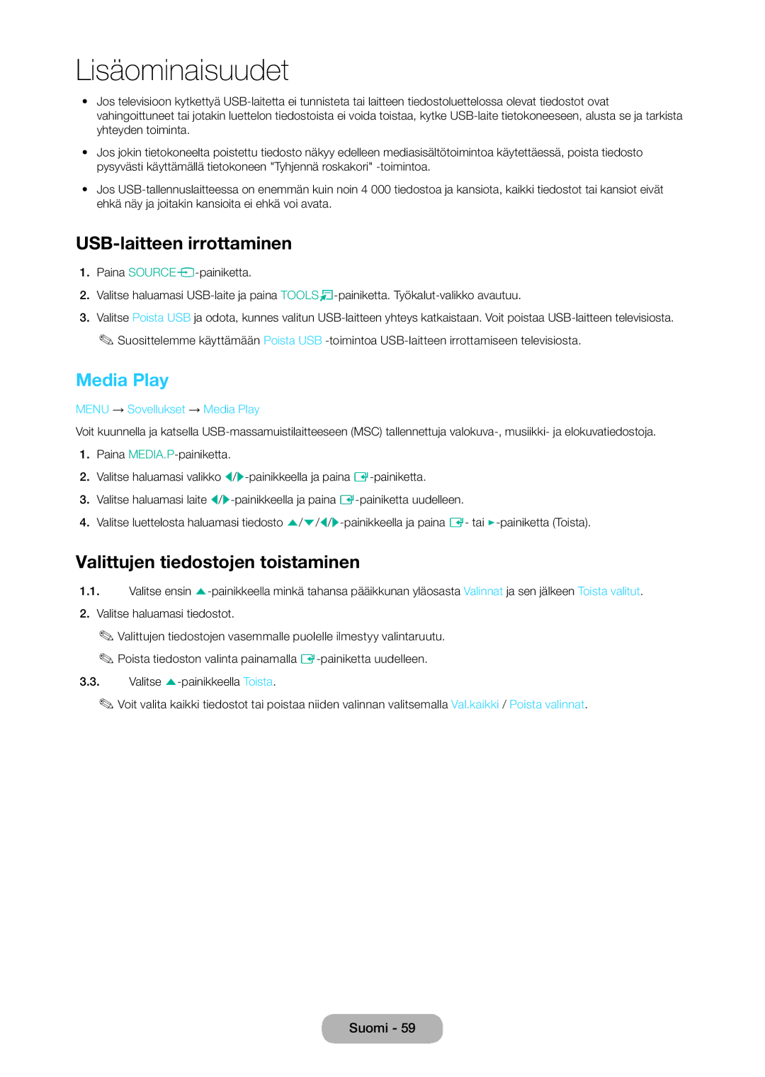 Samsung LT28C570EW/XE manual USB-laitteen irrottaminen, Media Play, Valittujen tiedostojen toistaminen 