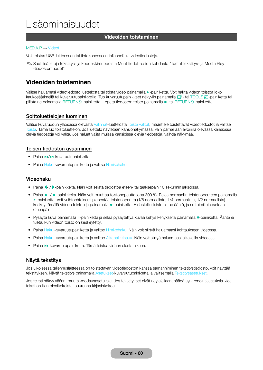 Samsung LT28C570EW/XE manual Videoiden toistaminen 