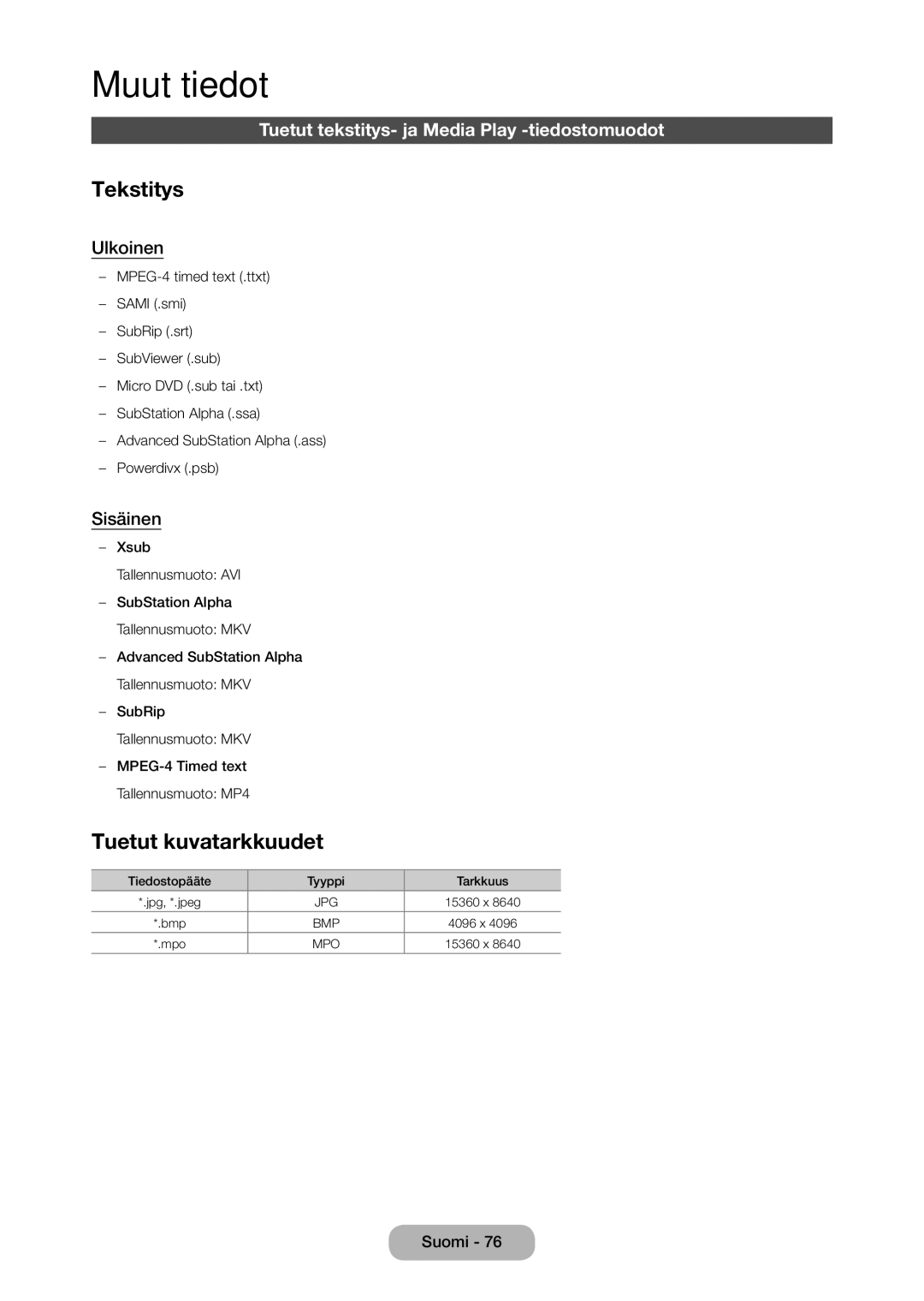 Samsung LT28C570EW/XE manual Tekstitys, Tuetut kuvatarkkuudet, Tuetut tekstitys- ja Media Play -tiedostomuodot, Ulkoinen 