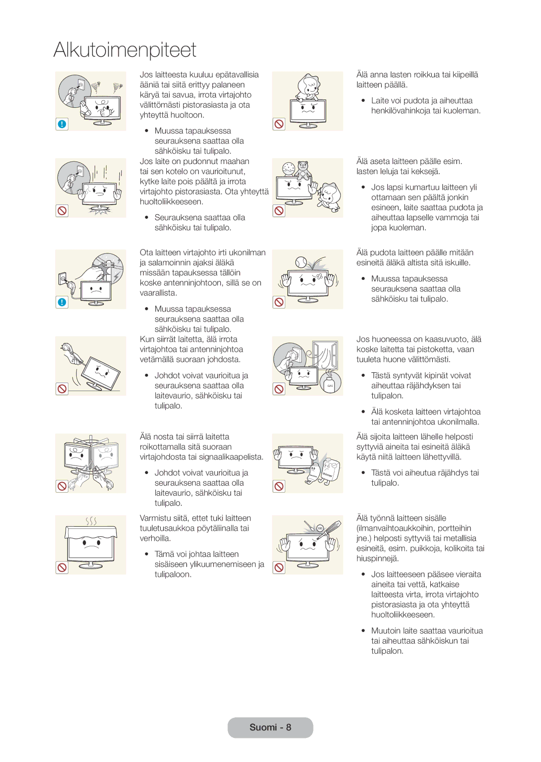 Samsung LT28C570EW/XE manual Älä aseta laitteen päälle esim. lasten leluja tai keksejä 