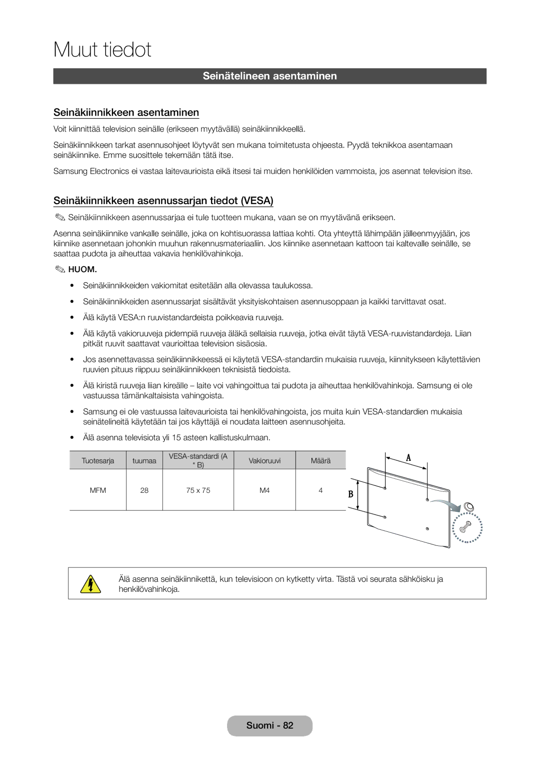 Samsung LT28C570EW/XE Seinätelineen asentaminen, Seinäkiinnikkeen asentaminen, Seinäkiinnikkeen asennussarjan tiedot Vesa 