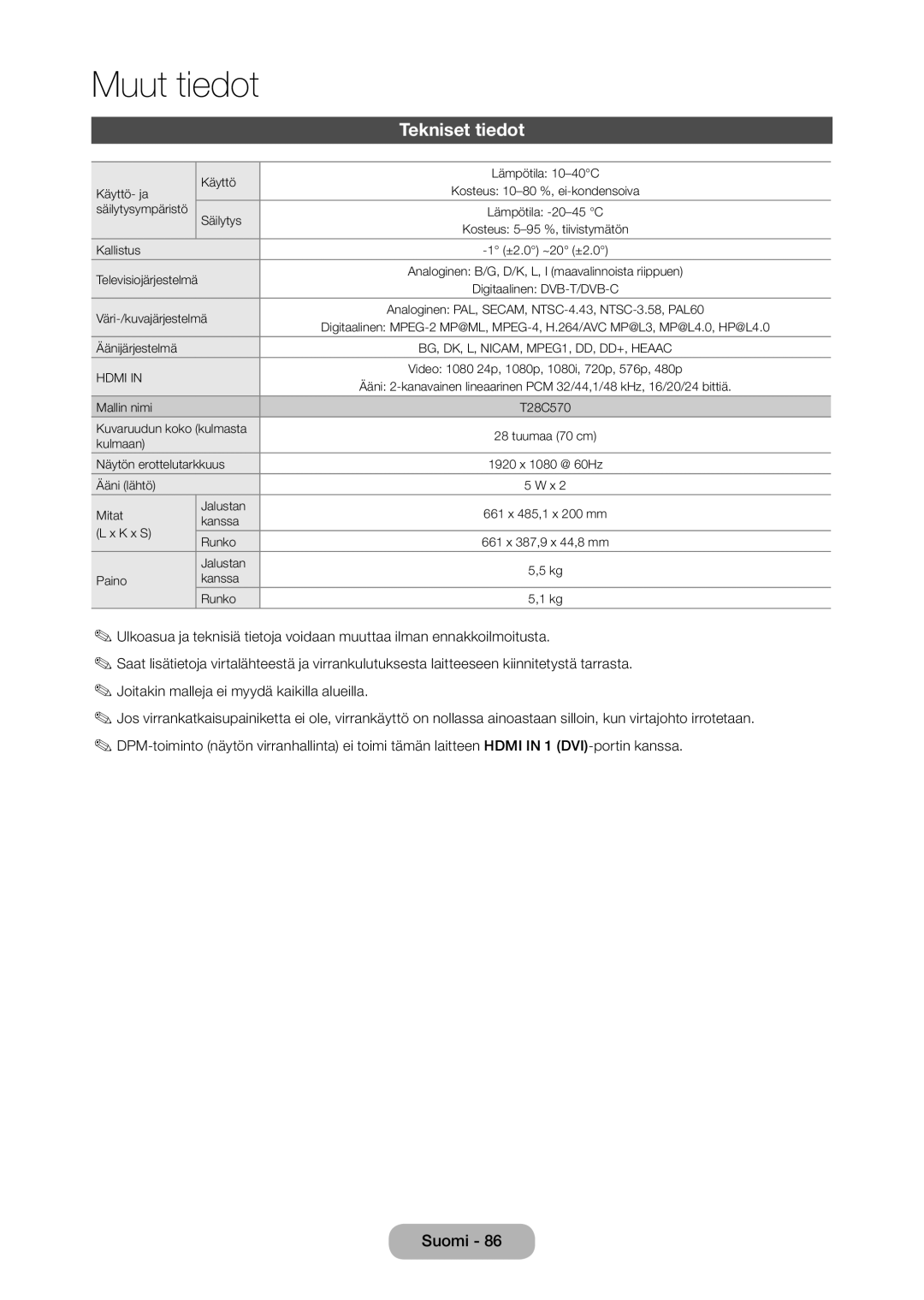 Samsung LT28C570EW/XE manual Tekniset tiedot, Väri-/kuvajärjestelmä 