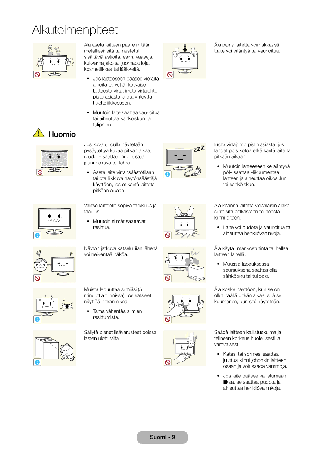 Samsung LT28C570EW/XE manual Alkutoimenpiteet 