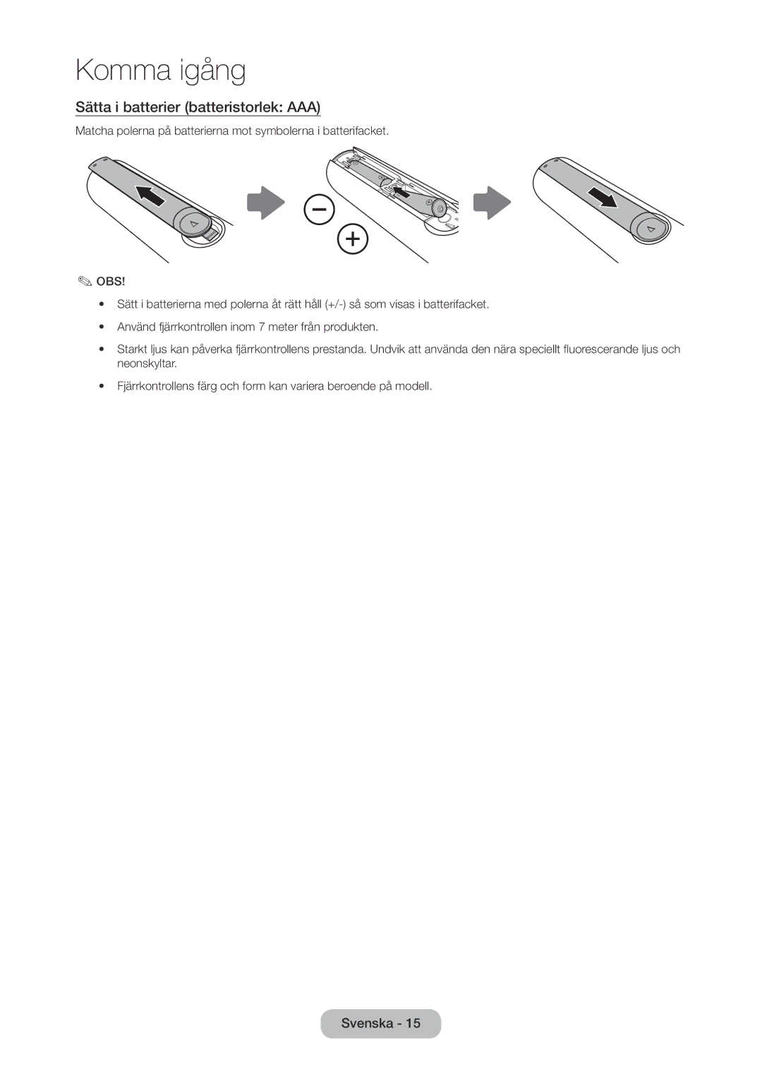 Samsung LT28C570EW/XE manual Sätta i batterier batteristorlek AAA 