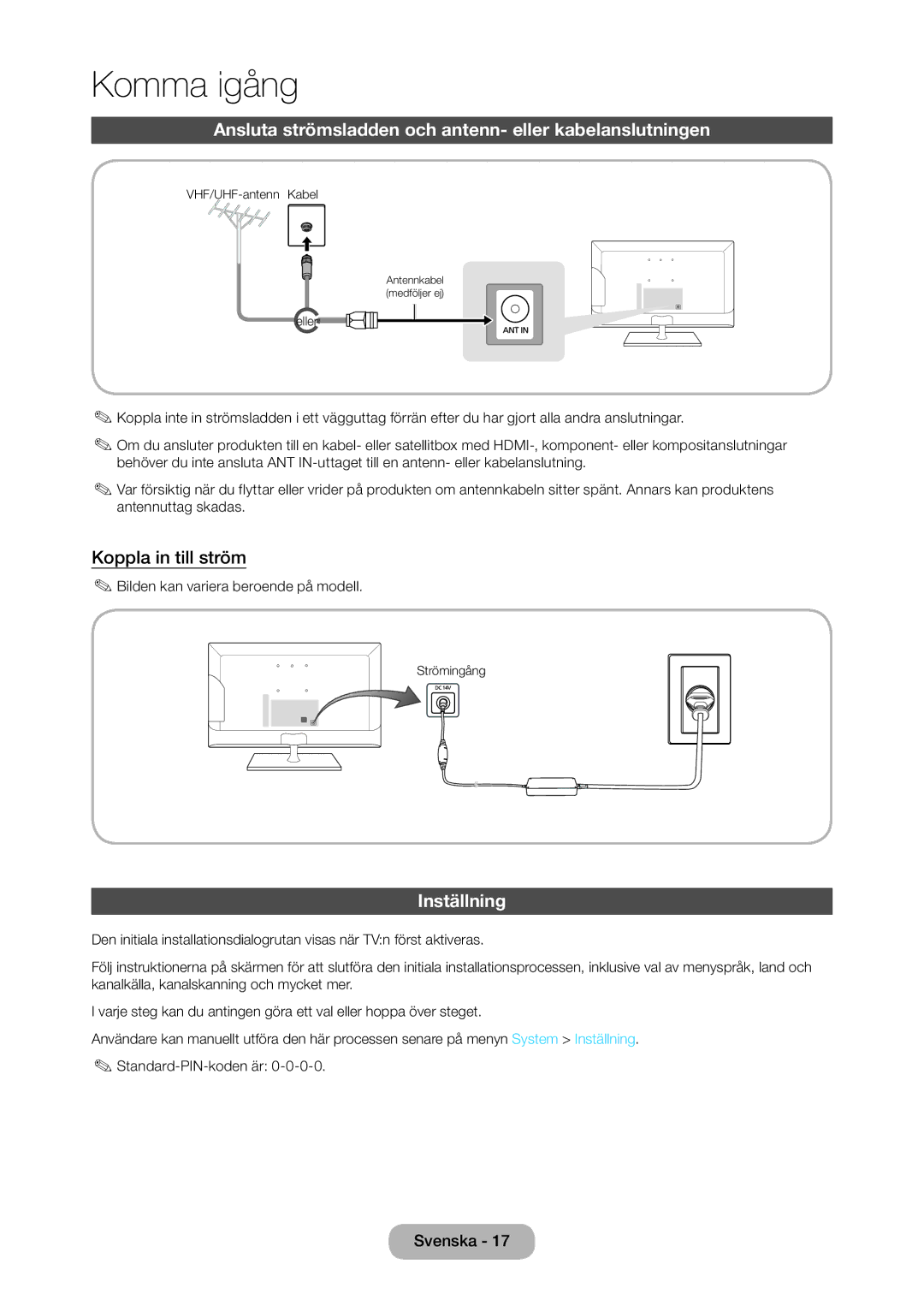 Samsung LT28C570EW/XE manual Ansluta strömsladden och antenn- eller kabelanslutningen, Koppla in till ström, Inställning 