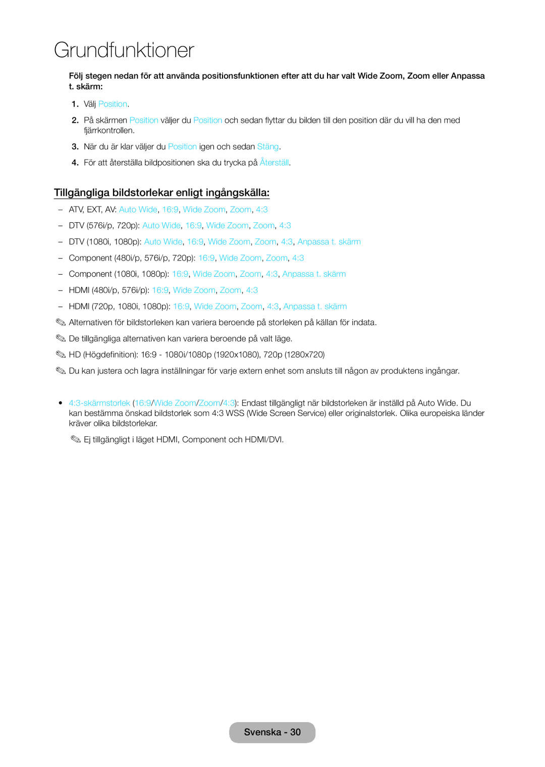Samsung LT28C570EW/XE manual Tillgängliga bildstorlekar enligt ingångskälla, Välj Position 