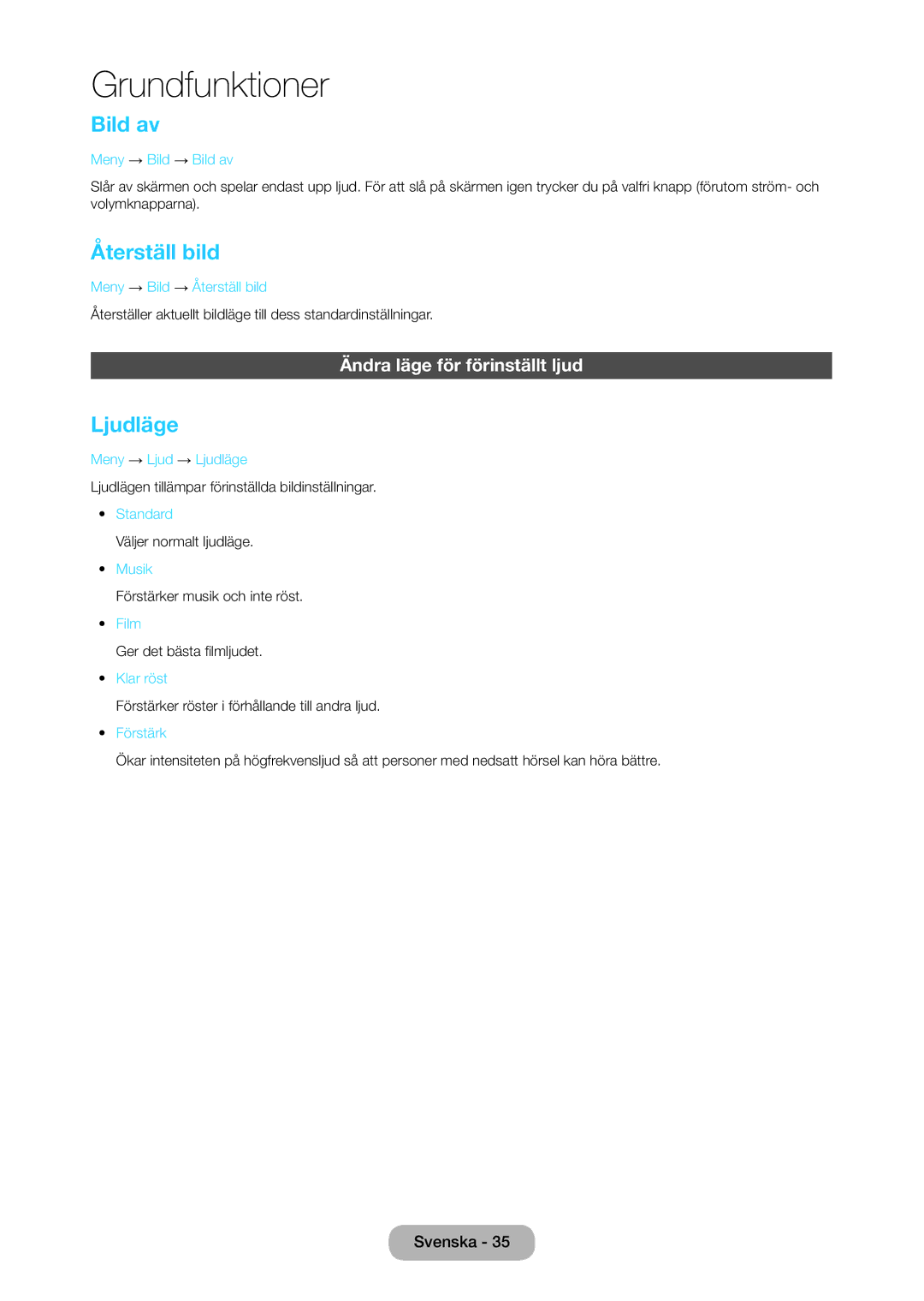 Samsung LT28C570EW/XE manual Bild av, Återställ bild, Ljudläge, Ändra läge för förinställt ljud 