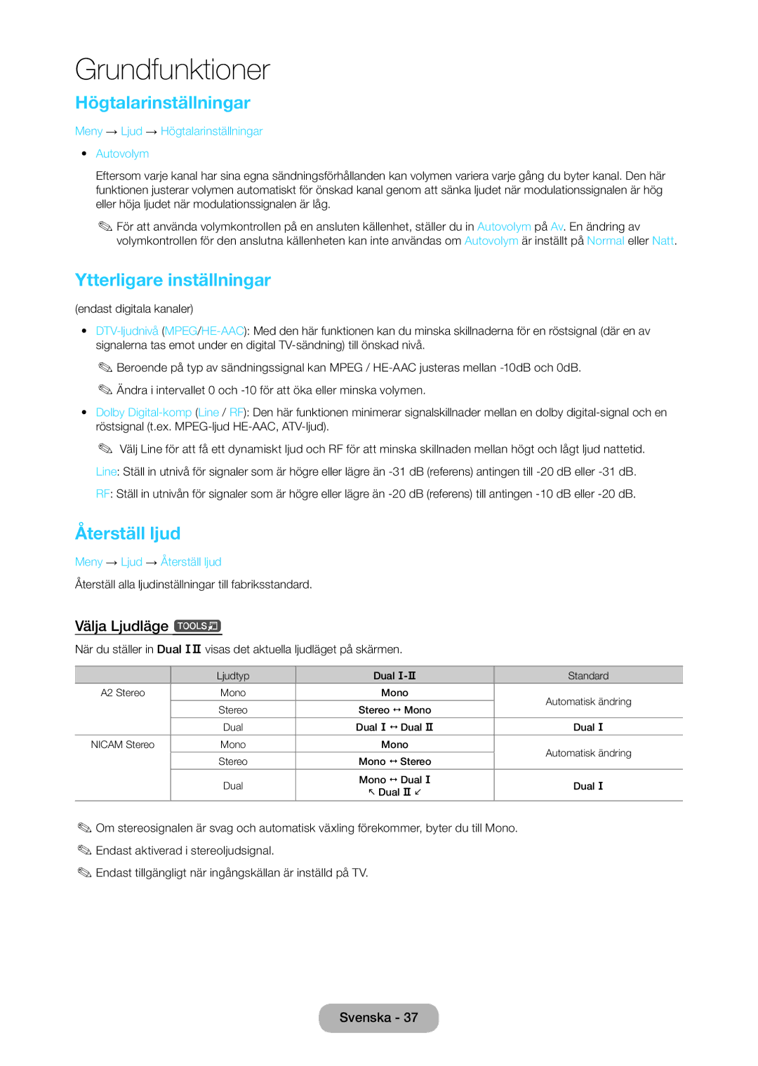 Samsung LT28C570EW/XE manual Högtalarinställningar, Ytterligare inställningar, Återställ ljud, Välja Ljudläge t 