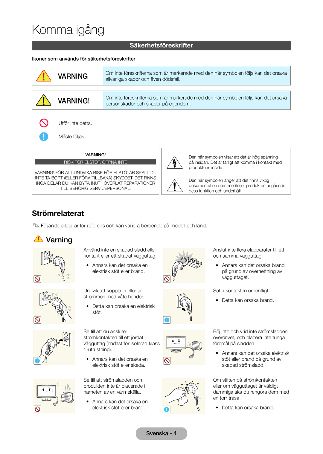 Samsung LT28C570EW/XE manual Strömrelaterat, Säkerhetsföreskrifter, Ikoner som används för säkerhetsföreskrifter 