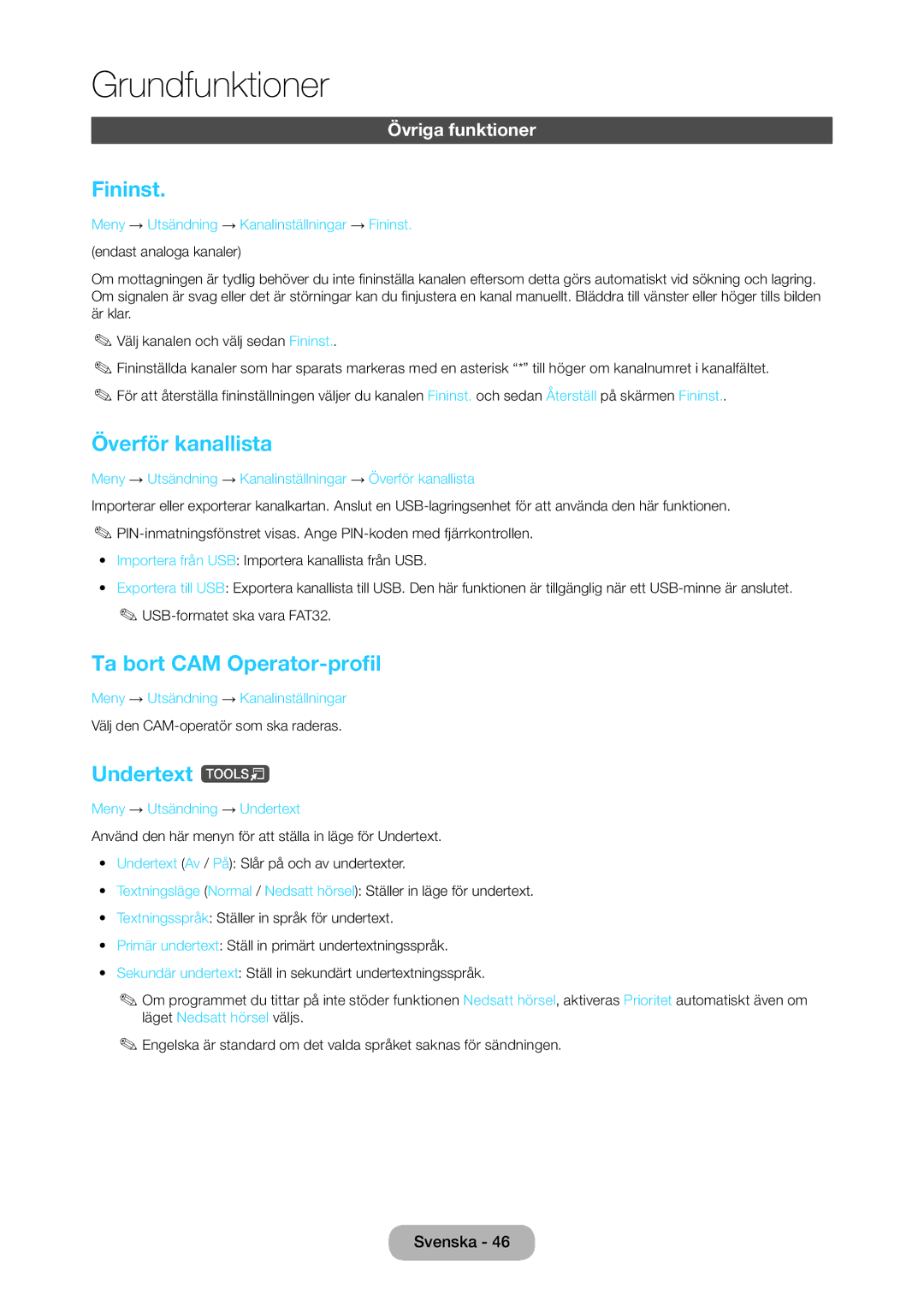 Samsung LT28C570EW/XE manual Fininst, Överför kanallista, Ta bort CAM Operator-profil, Undertext t, Övriga funktioner 