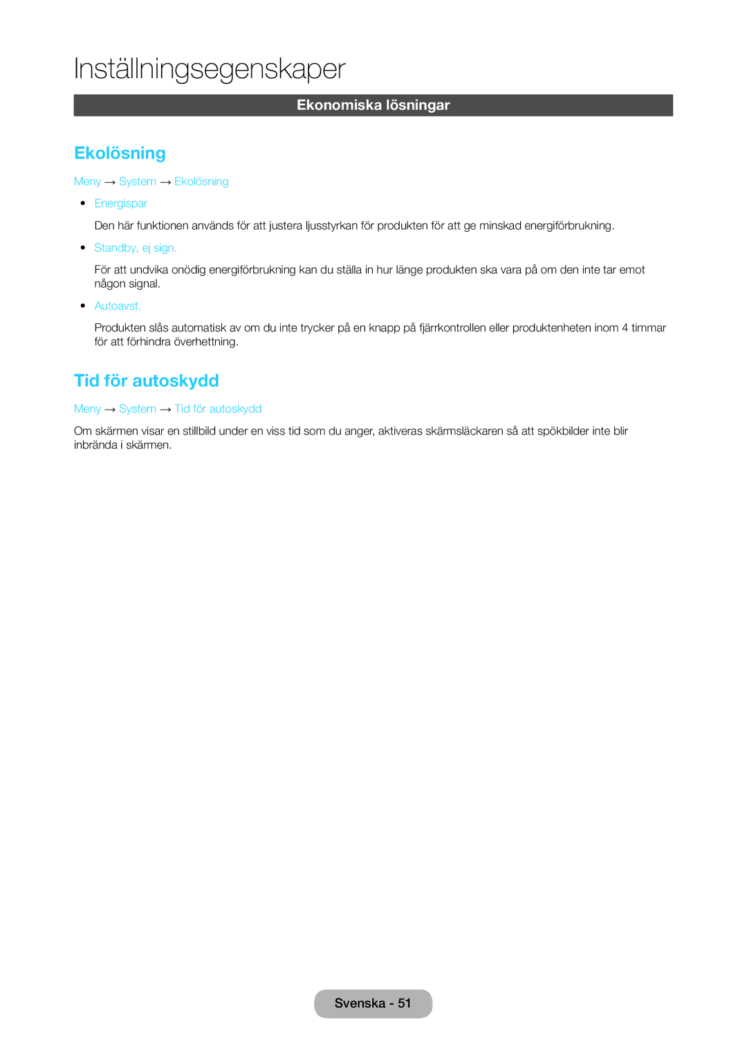 Samsung LT28C570EW/XE manual Ekolösning, Tid för autoskydd, Ekonomiska lösningar 