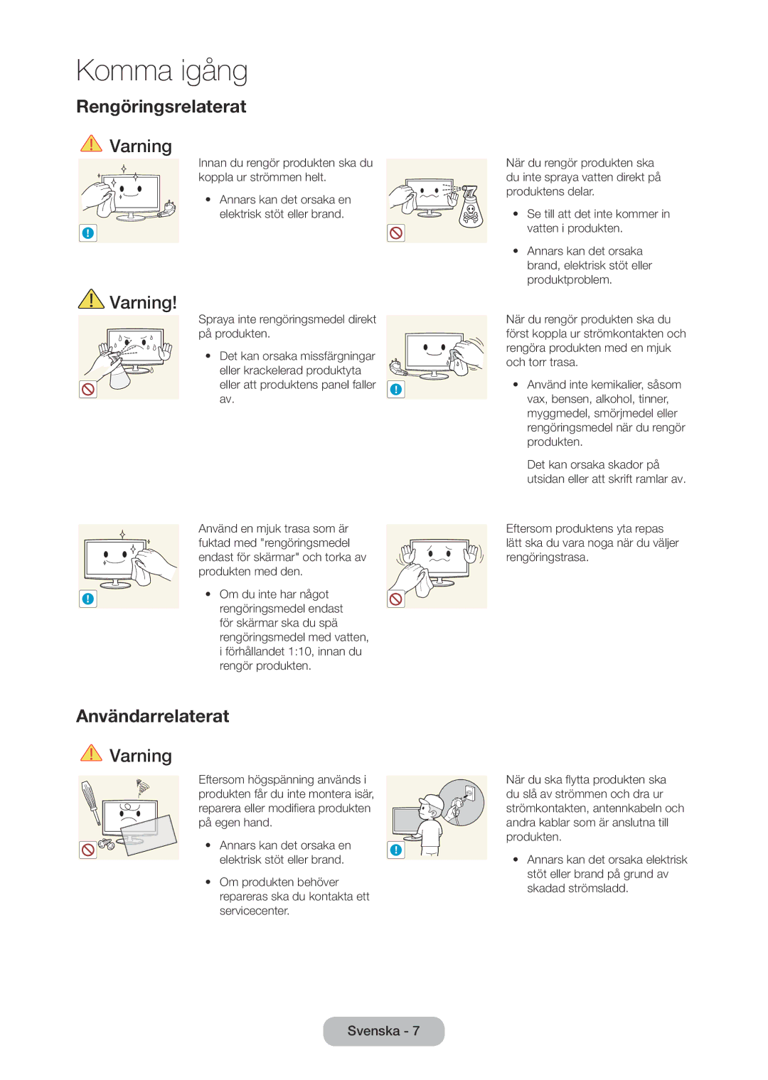 Samsung LT28C570EW/XE manual Rengöringsrelaterat, Användarrelaterat 