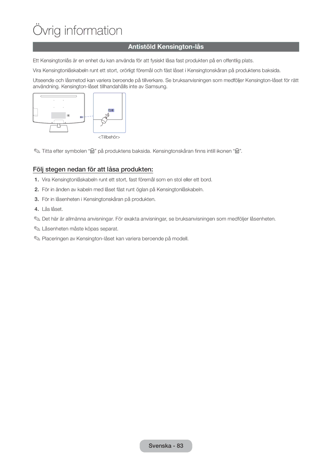 Samsung LT28C570EW/XE manual Antistöld Kensington-lås, Följ stegen nedan för att låsa produkten 