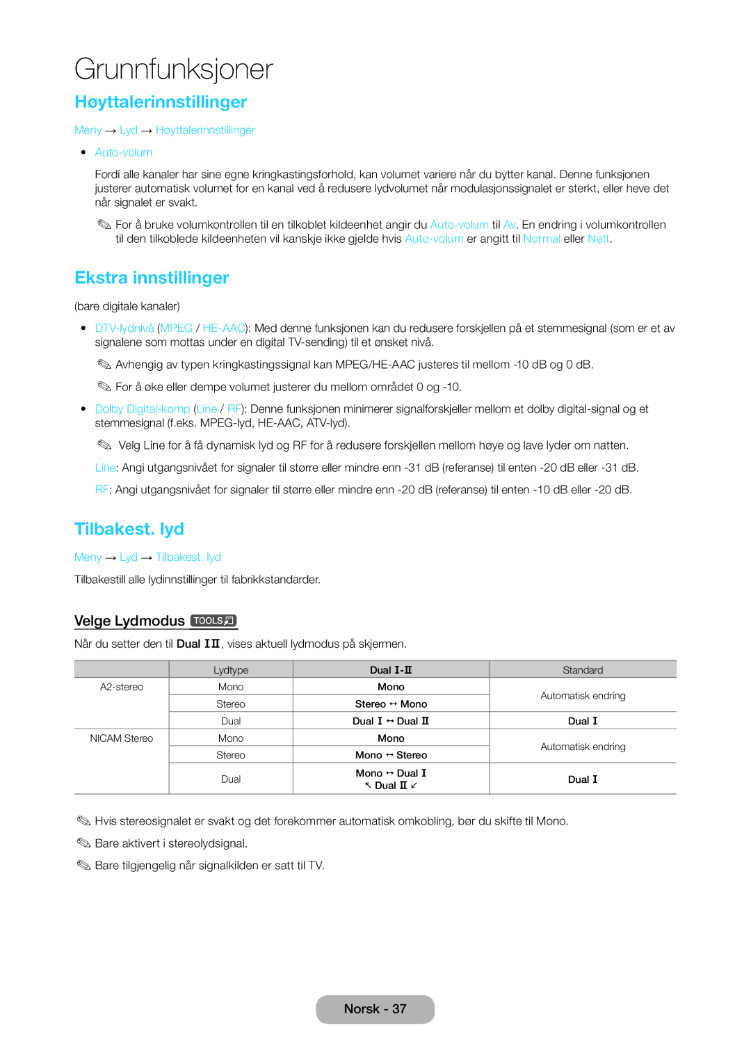 Samsung LT28C570EW/XE manual Høyttalerinnstillinger, Ekstra innstillinger, Tilbakest. lyd, Velge Lydmodus t 