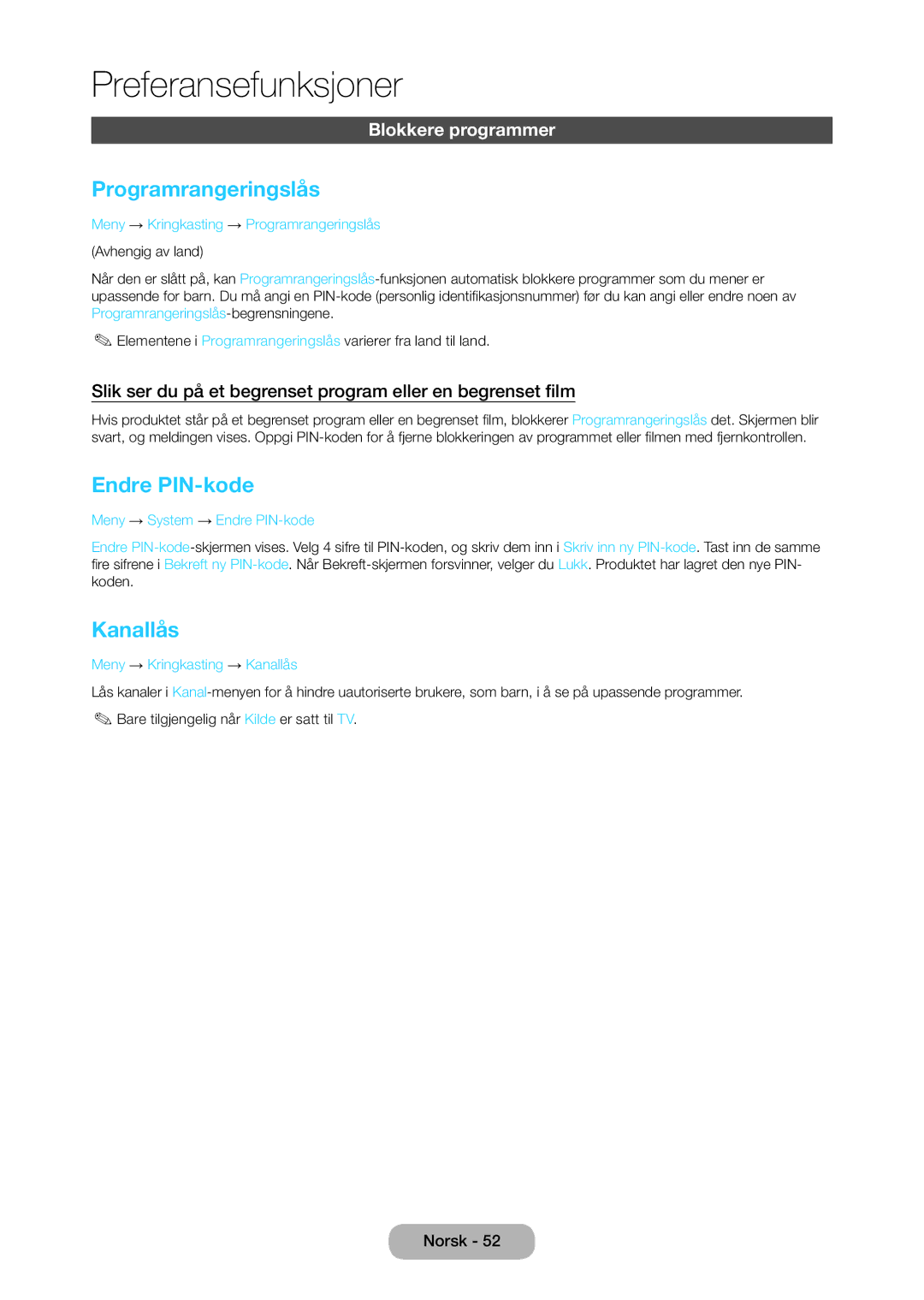 Samsung LT28C570EW/XE manual Programrangeringslås, Endre PIN-kode, Kanallås, Blokkere programmer 