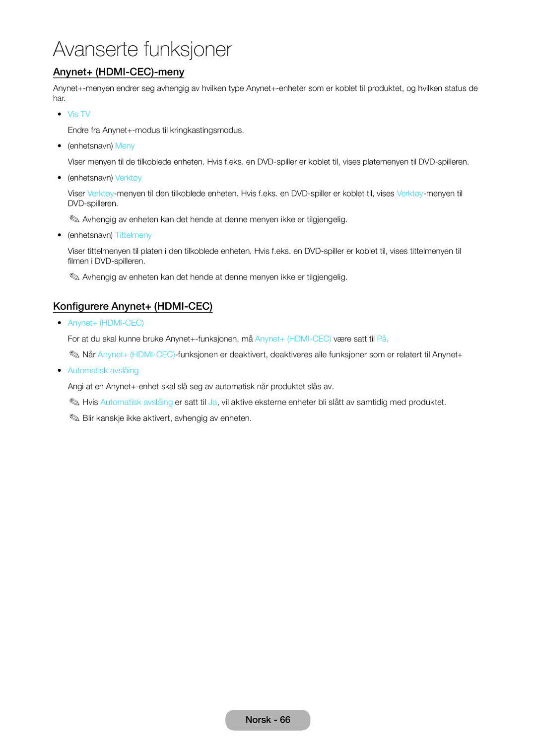 Samsung LT28C570EW/XE manual Anynet+ HDMI-CEC-meny, Konfigurere Anynet+ HDMI-CEC, Vis TV 