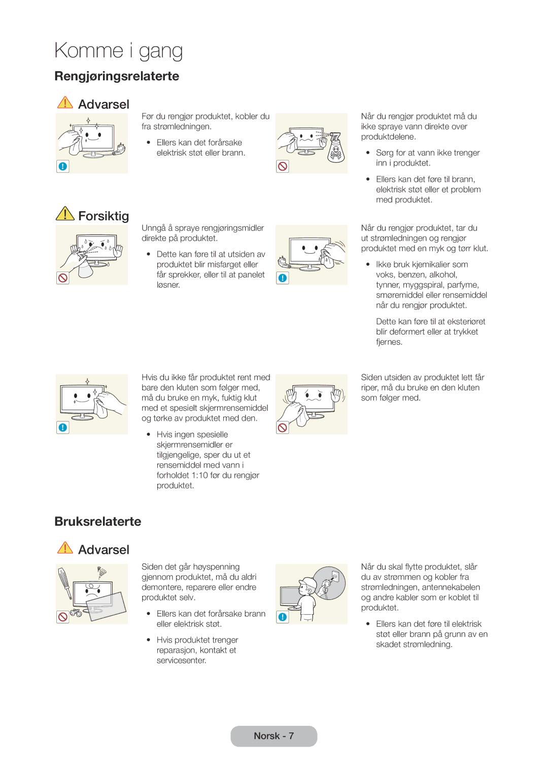 Samsung LT28C570EW/XE manual Rengjøringsrelaterte, Bruksrelaterte 