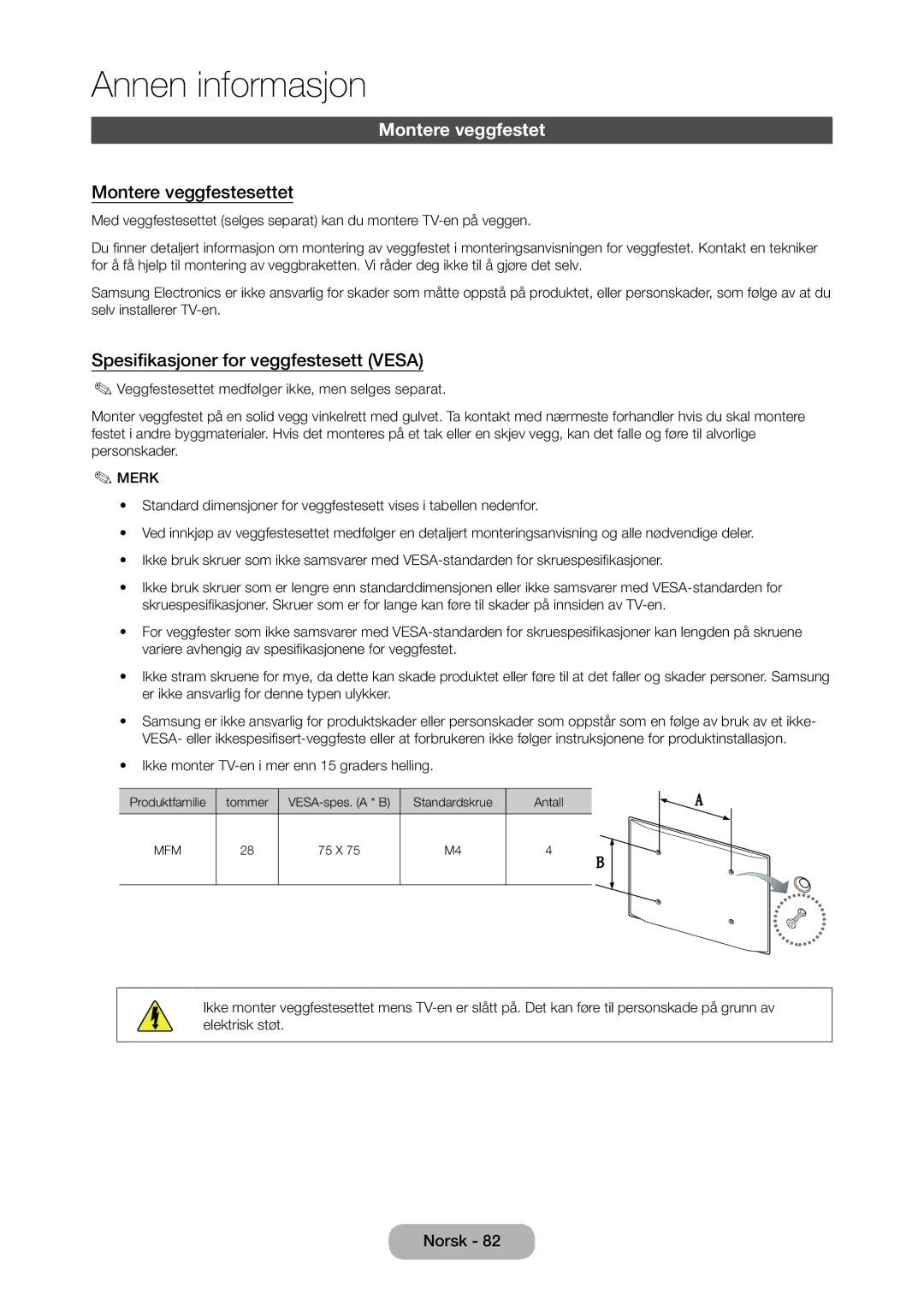 Samsung LT28C570EW/XE manual Montere veggfestet, Montere veggfestesettet, Spesifikasjoner for veggfestesett Vesa 